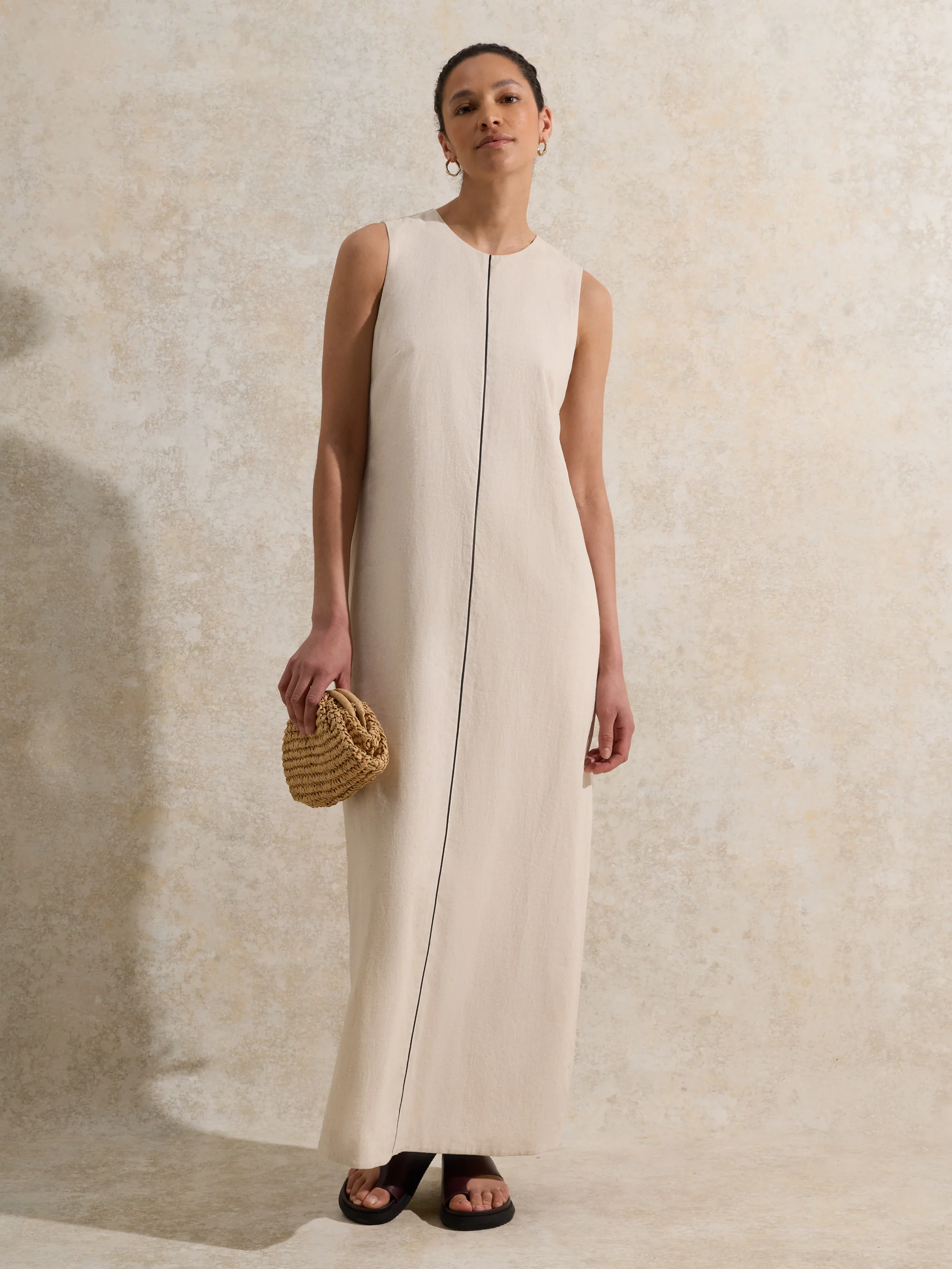 Ecru Piped-Detail Linen-Blend Maxi Dress