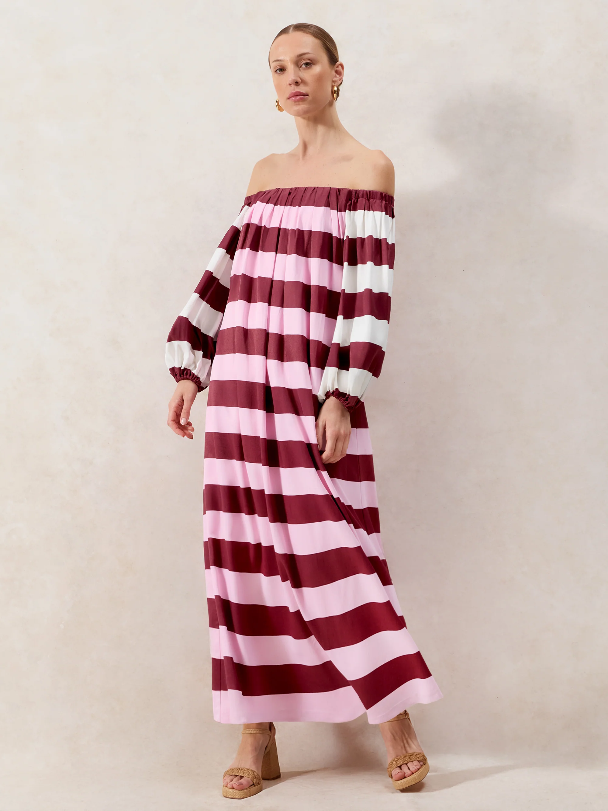 Gigi Pink Striped Bardot Maxi Dress