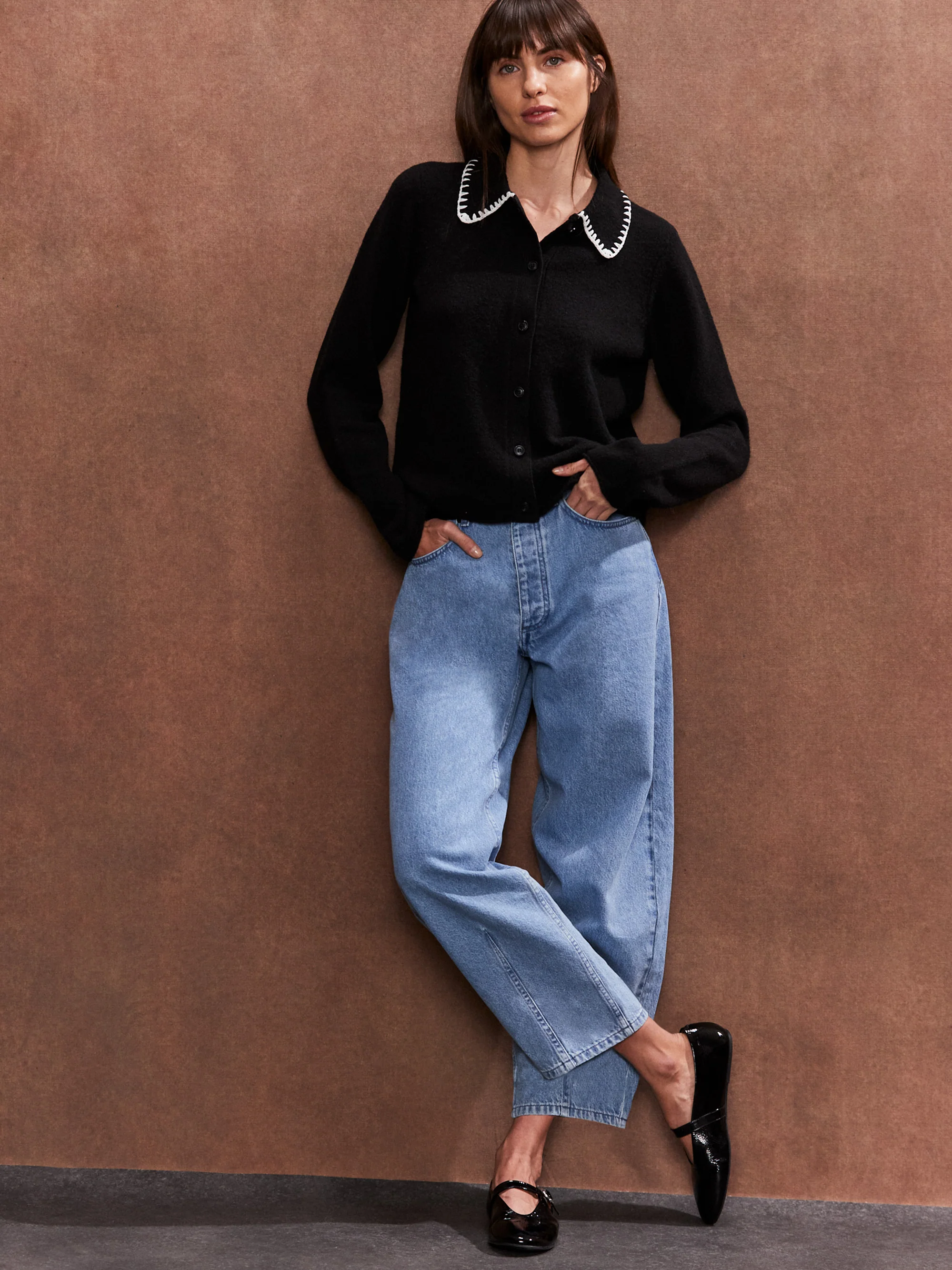 Black Collared Contrast-Stitch Cardigan