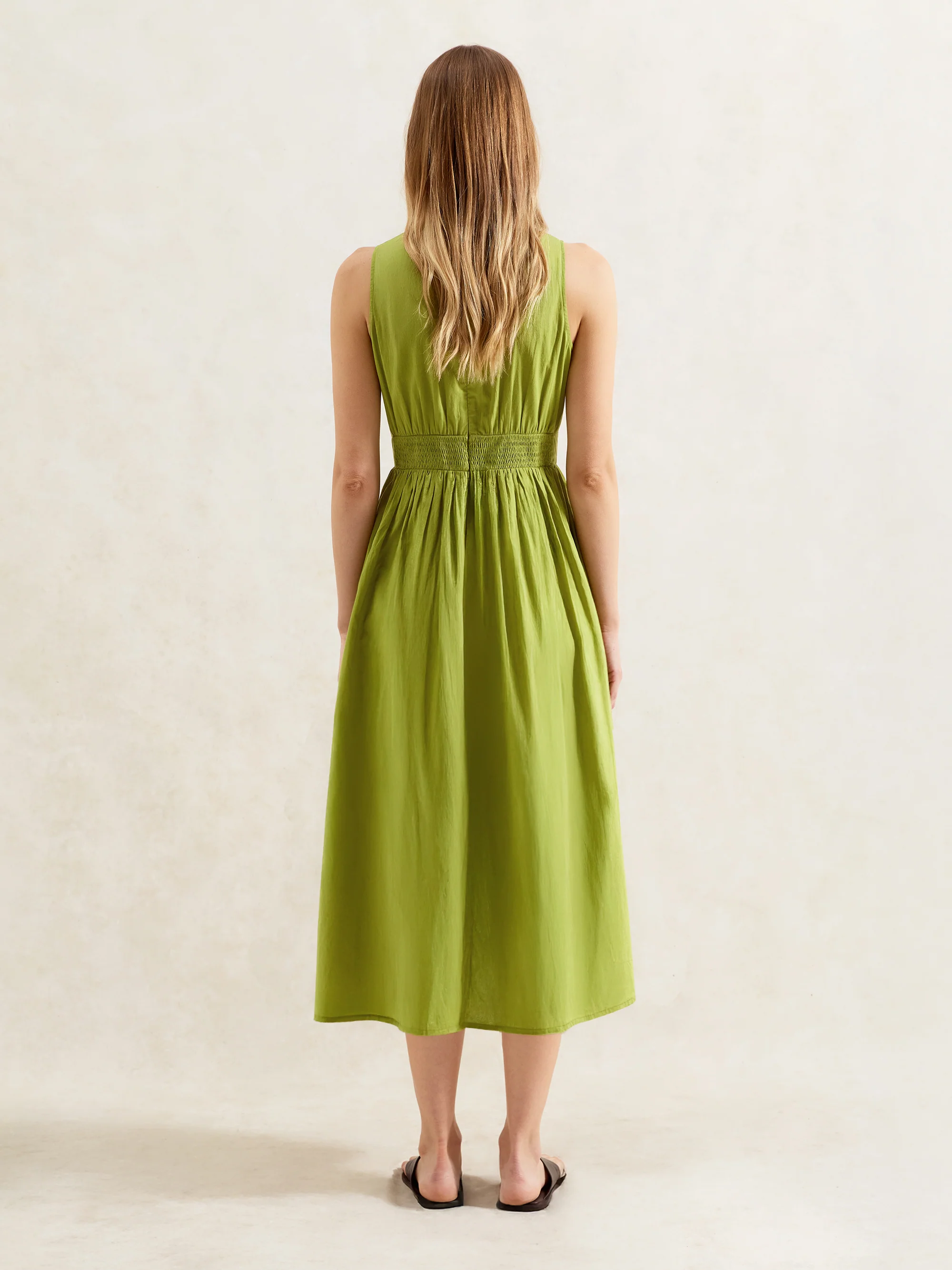 Green Cotton Voile Keyhole Front Midi Dress