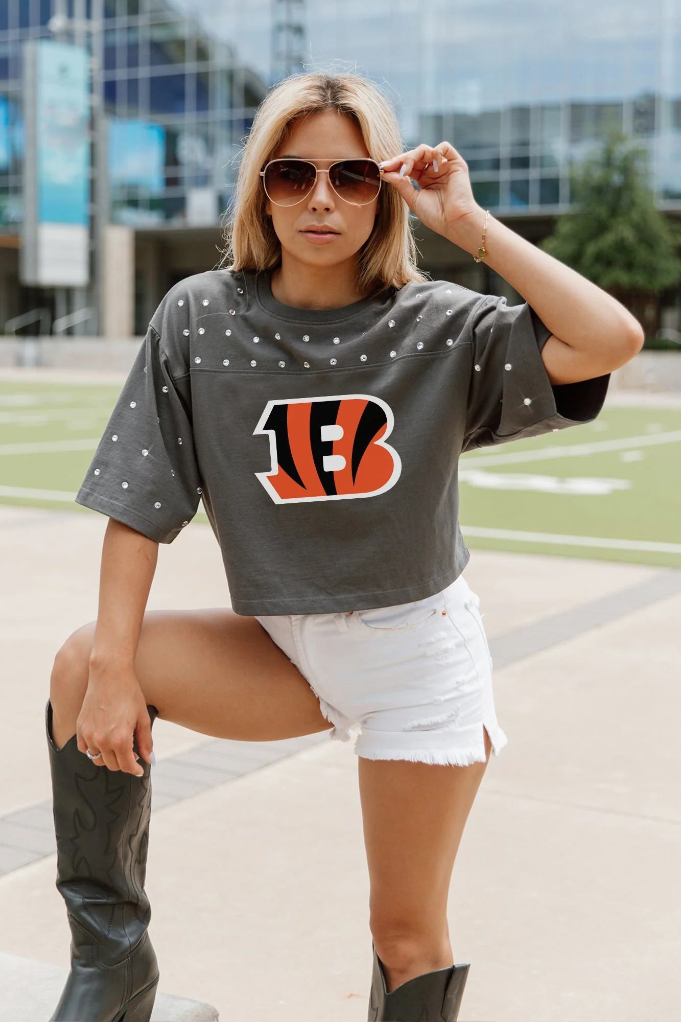 CINCINNATI BENGALS Making Moves Rhinestone Crop Tee With Yoke