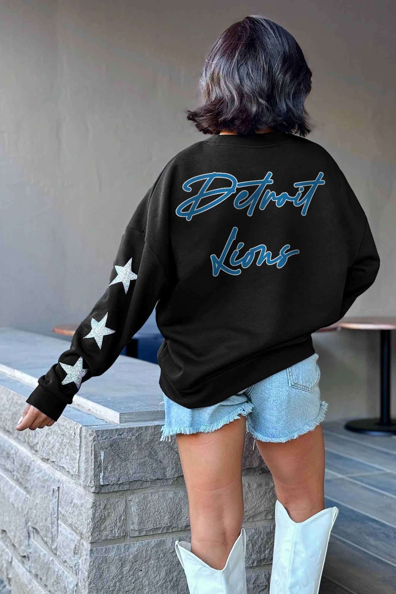 DETROIT LIONS RADIANT Radiant Energy Star-Sleeve Crewneck Pullover