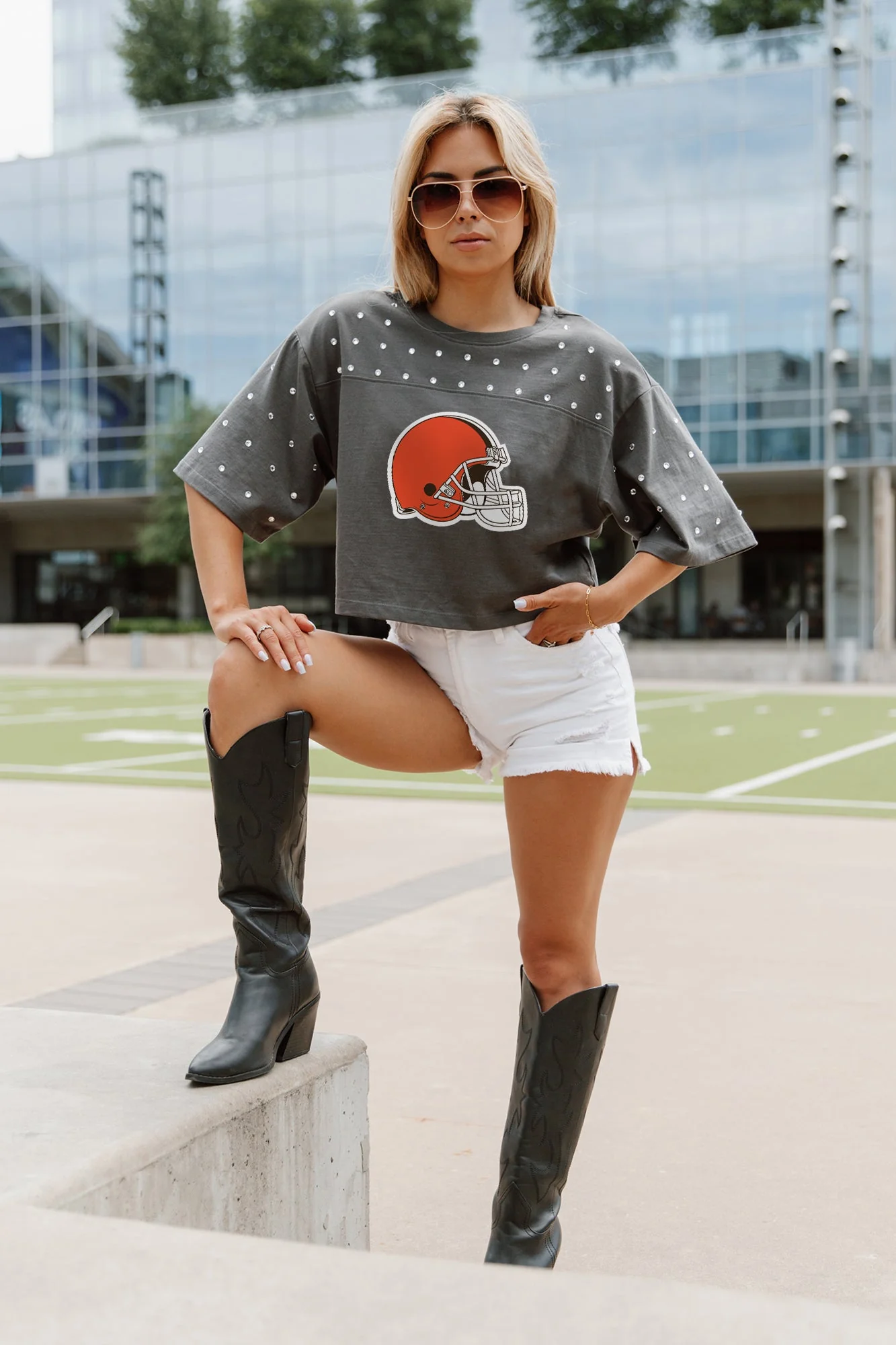 CLEVELAND BROWNS Making Moves Rhinestone Crop Tee With Yoke
