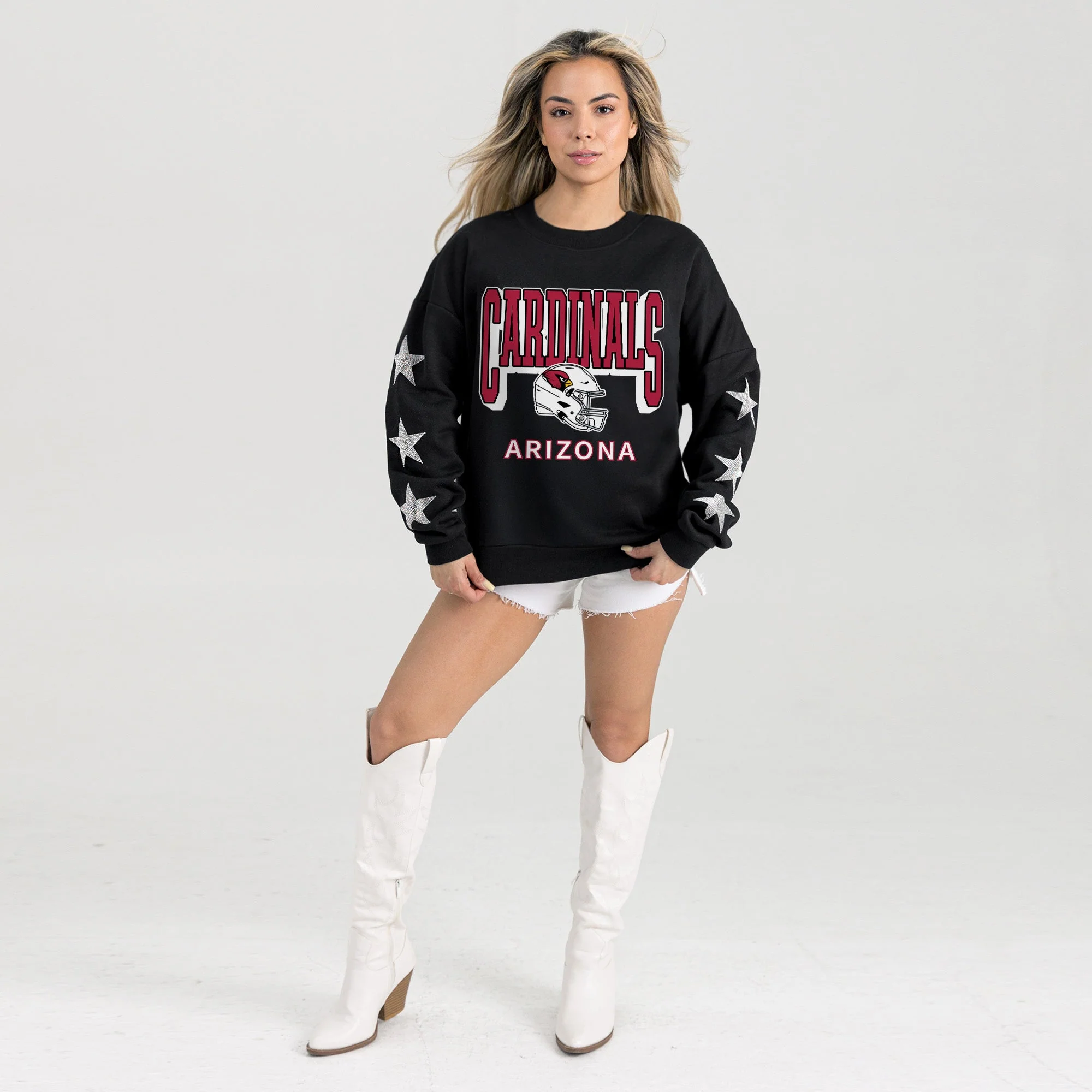 ARIZONA CARDINALS PURE VICTORY STAR EMBELLISHED CREW SWEATSHIRT
