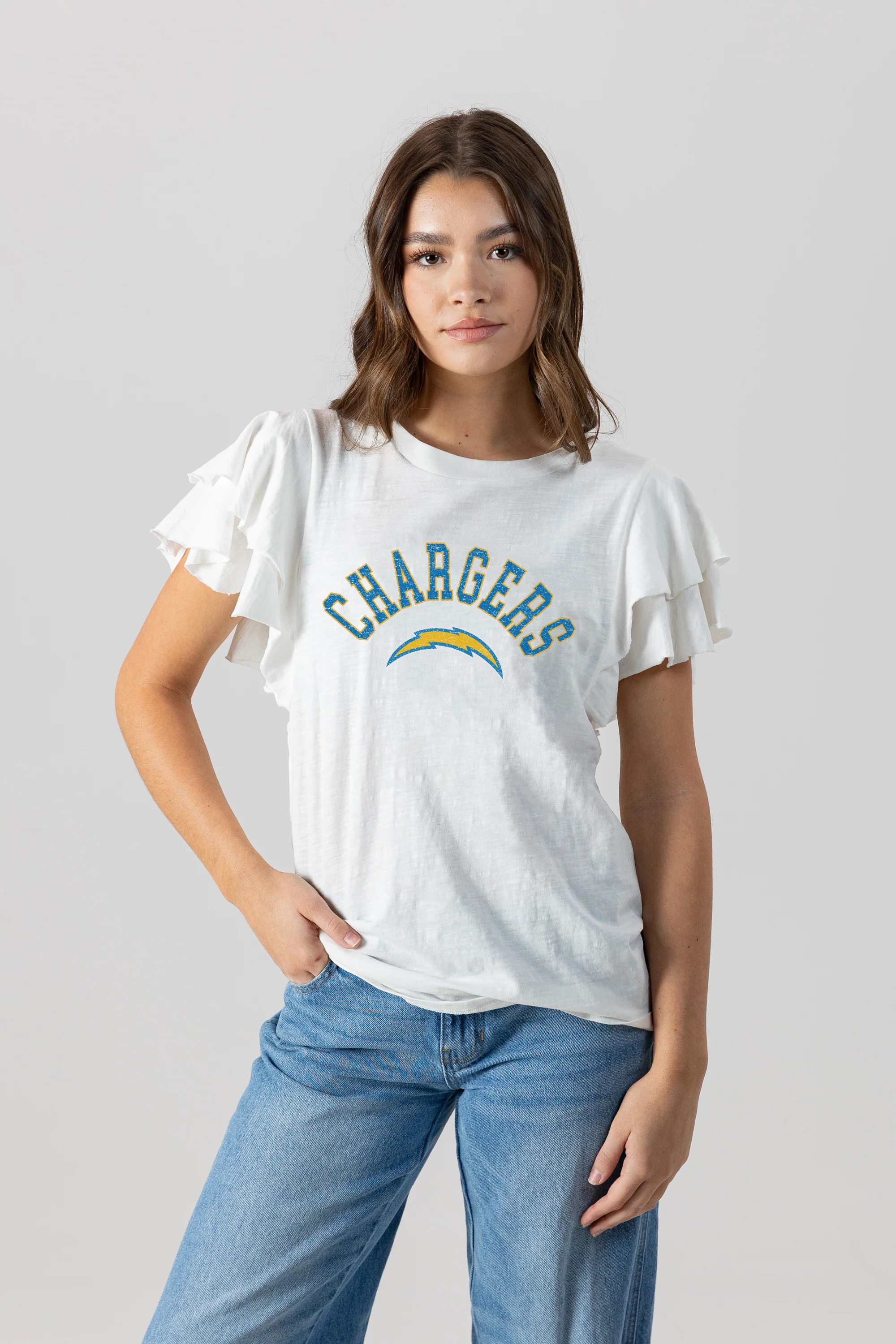 LOS ANGELES CHARGERS Valkyrie Ruffle-Sleeve Knit Top