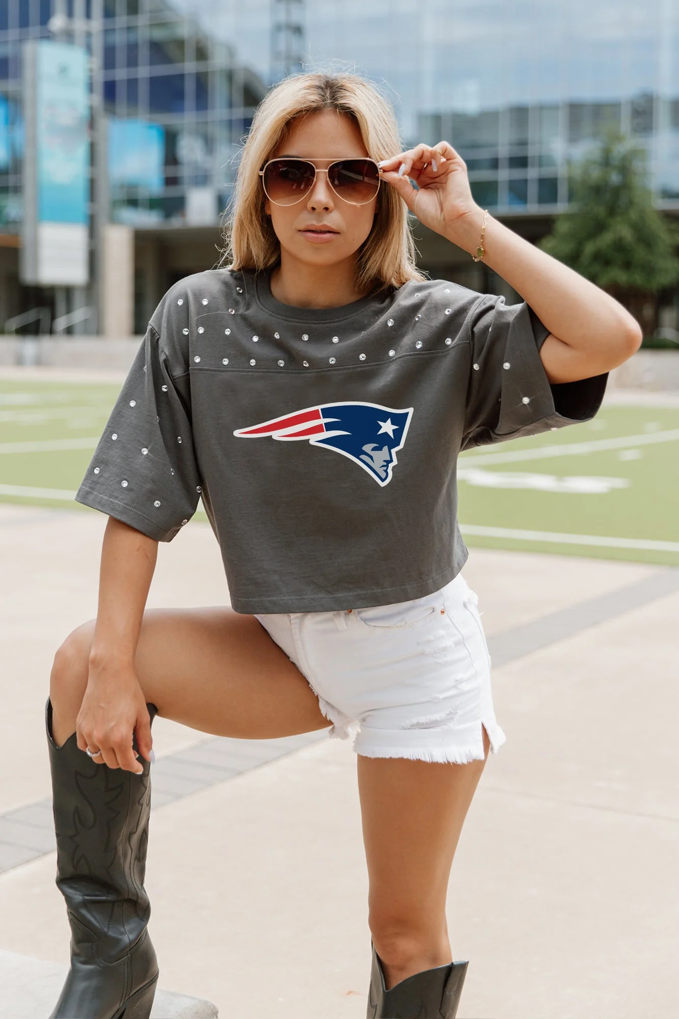 NEW ENGLAND PATRIOTS Making Moves Rhinestone Crop Tee With Yoke