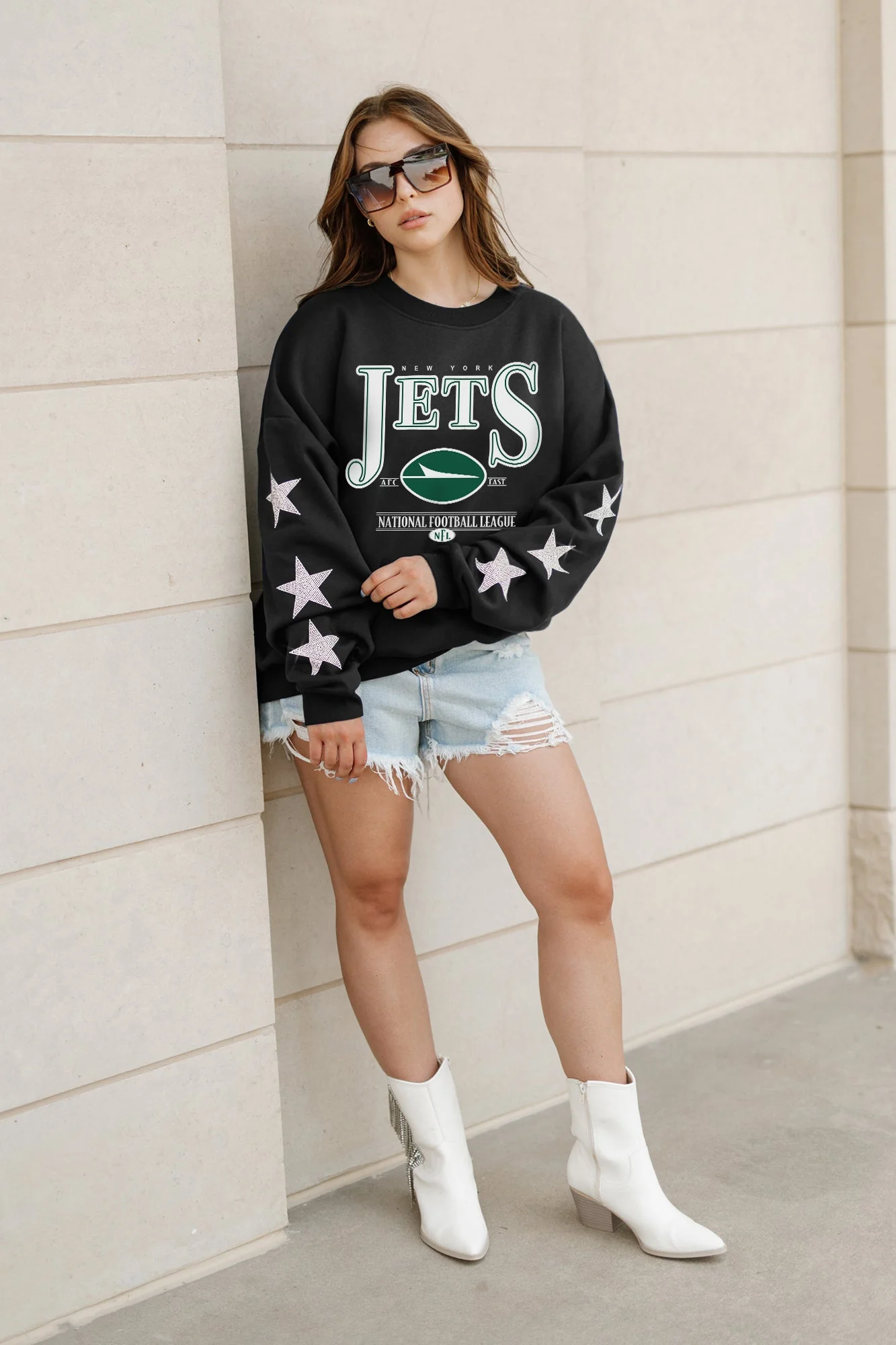 NEW YORK JETS Gameday Glimmer Embellished Star-Sleeve Pullover