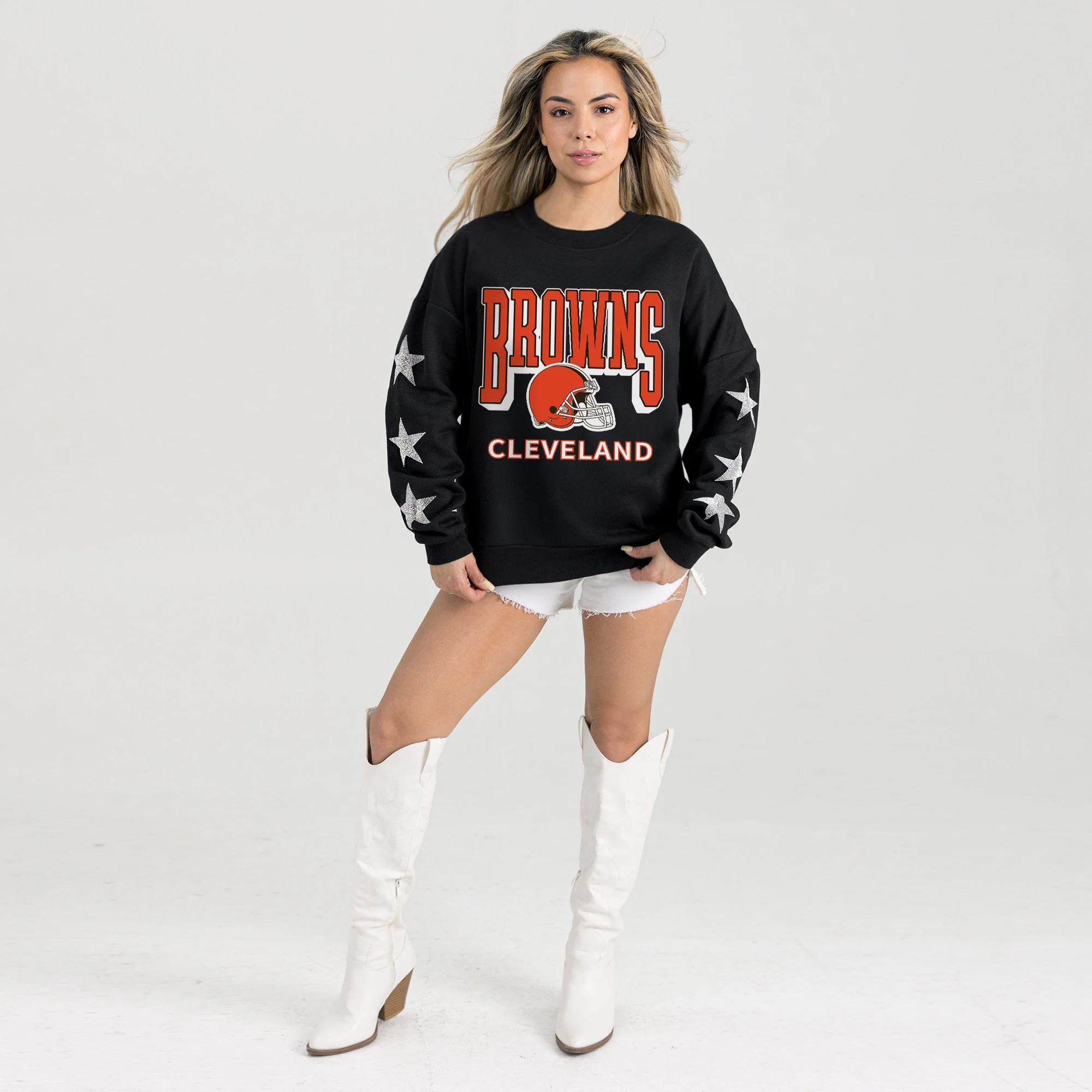 CLEVELAND BROWNS PURE VICTORY STAR EMBELLISHED CREW SWEATSHIRT