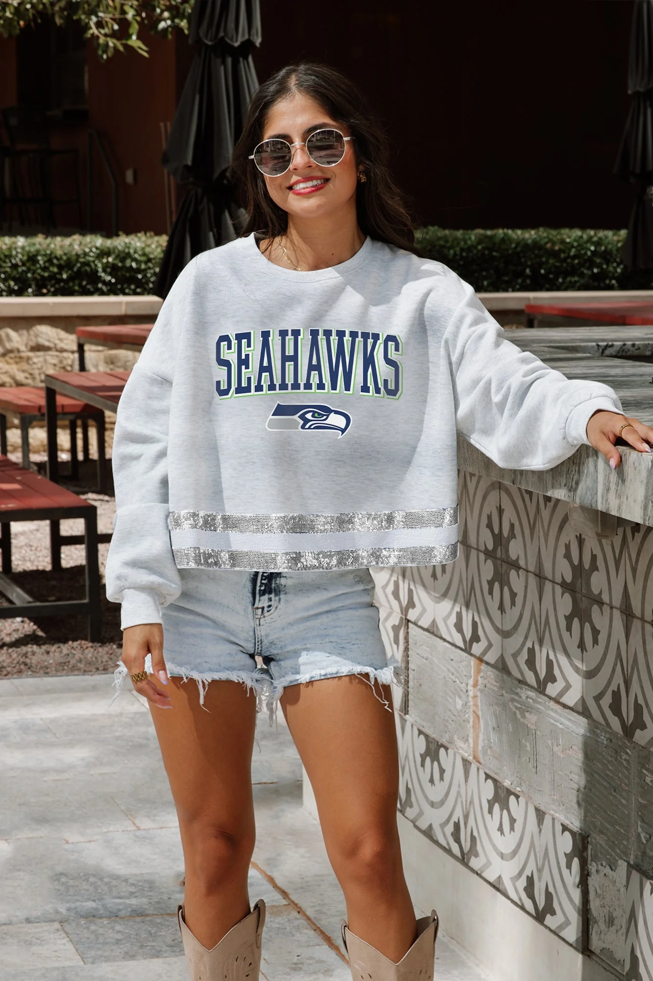 SEATTLE SEAHAWKS Pass The Shine Long-Sleeve Metallic-Stripe Top