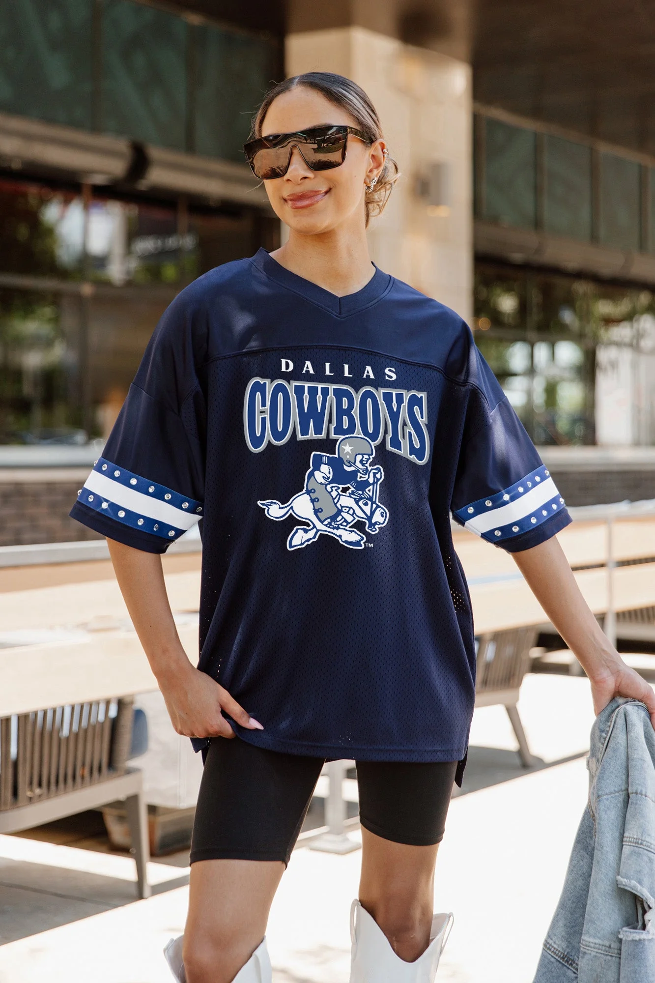 DALLAS COWBOYS Cowboy Joe Oversized Rhinestone Striped Top