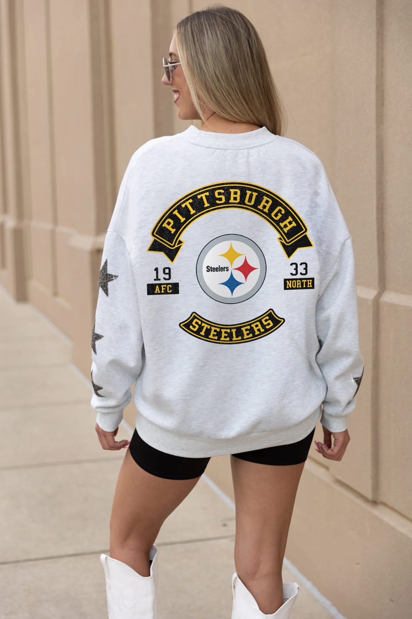 PITTSBURGH STEELERS Ready For It Star-Sleeve Crewneck Pullover