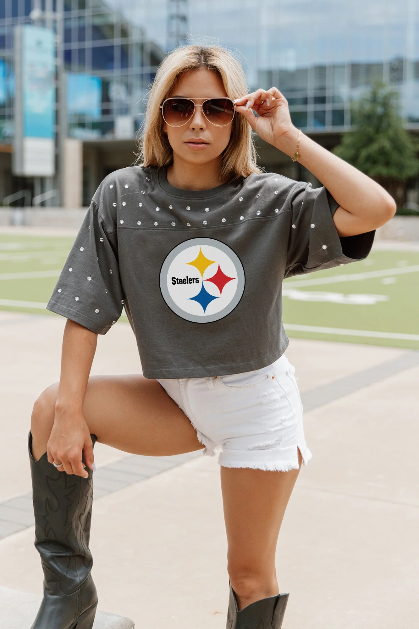 PITTSBURGH STEELERS Making Moves Rhinestone Crop Tee With Yoke
