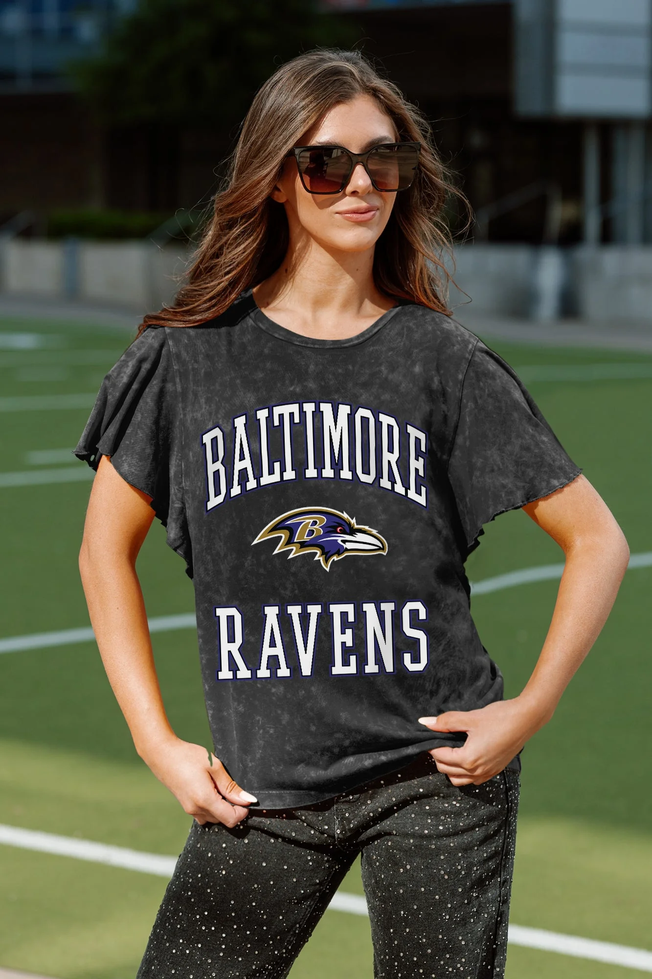 BALTIMORE RAVENS VICTORY MODE FLUTTER SLEEVE TEE IN BLACK
