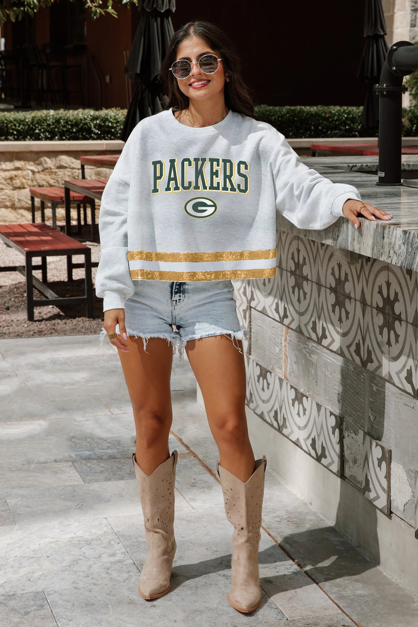 GREEN BAY PACKERS Pass The Shine Long-Sleeve Metallic-Stripe Top