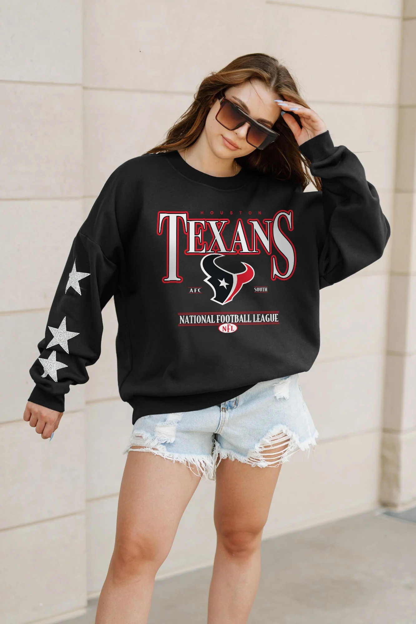 HOUSTON TEXANS Gameday Glimmer Embellished Star-Sleeve Pullover