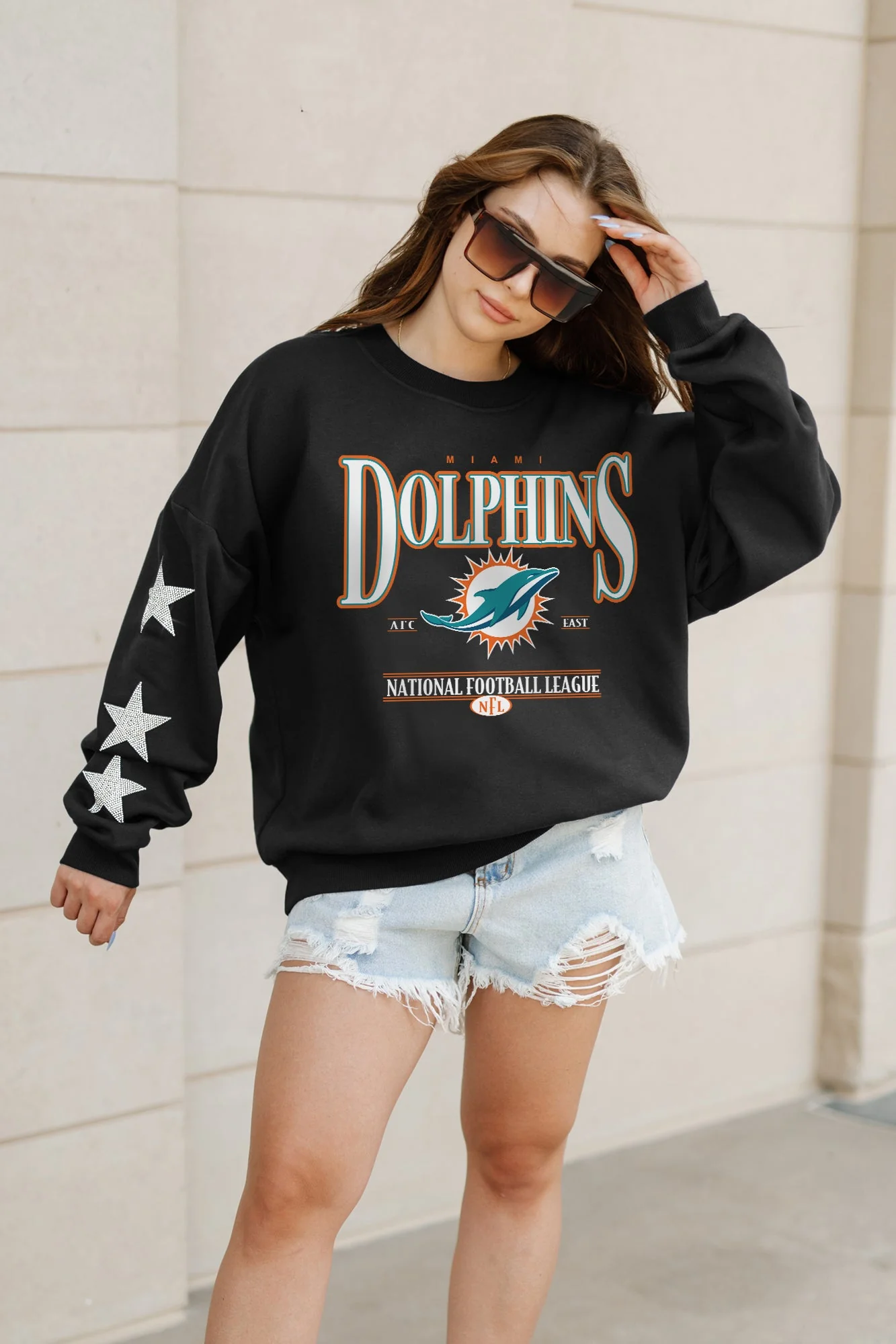 MIAMI DOLPHINS Gameday Glimmer Embellished Star-Sleeve Pullover