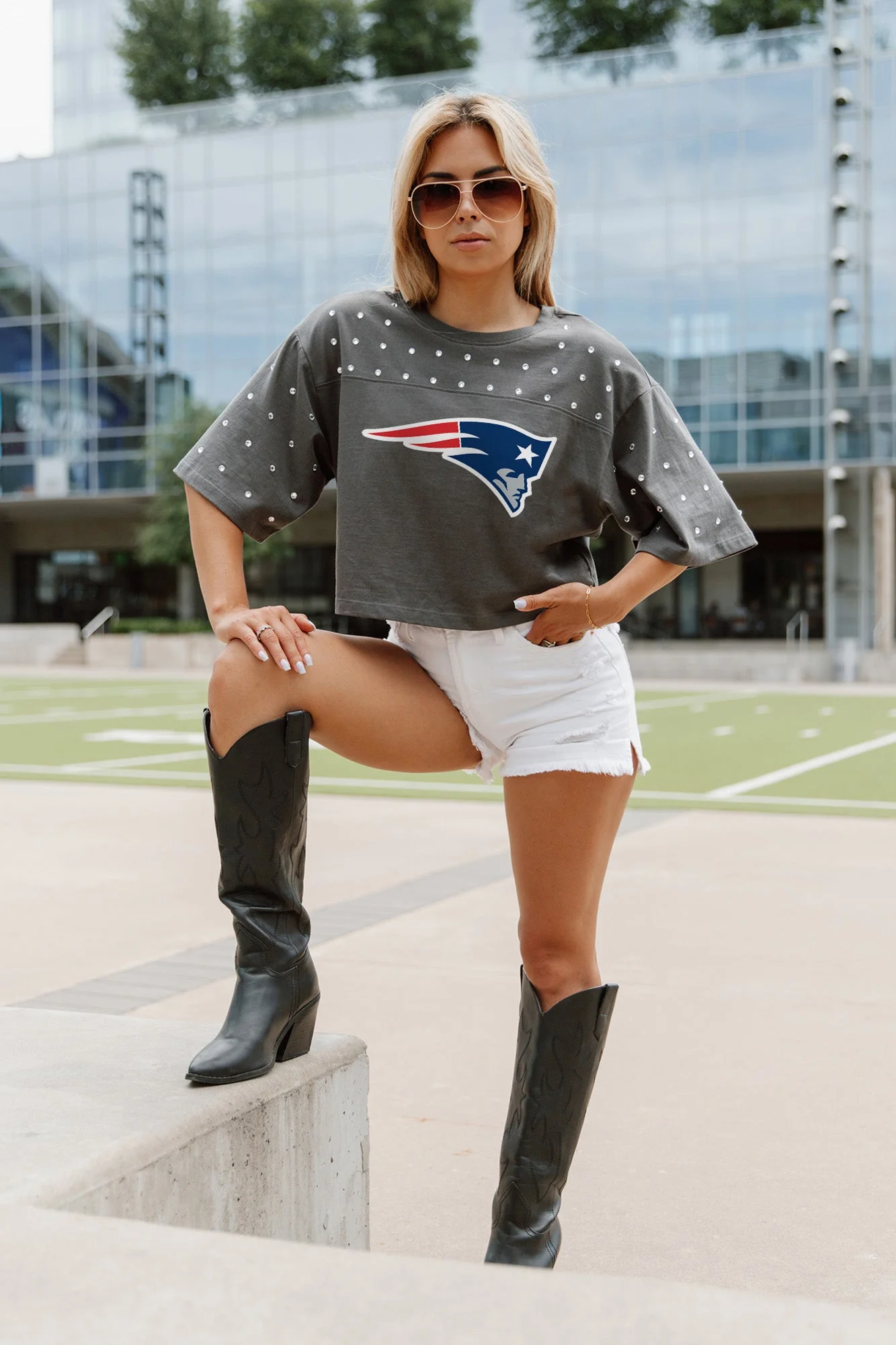 NEW ENGLAND PATRIOTS Making Moves Rhinestone Crop Tee With Yoke