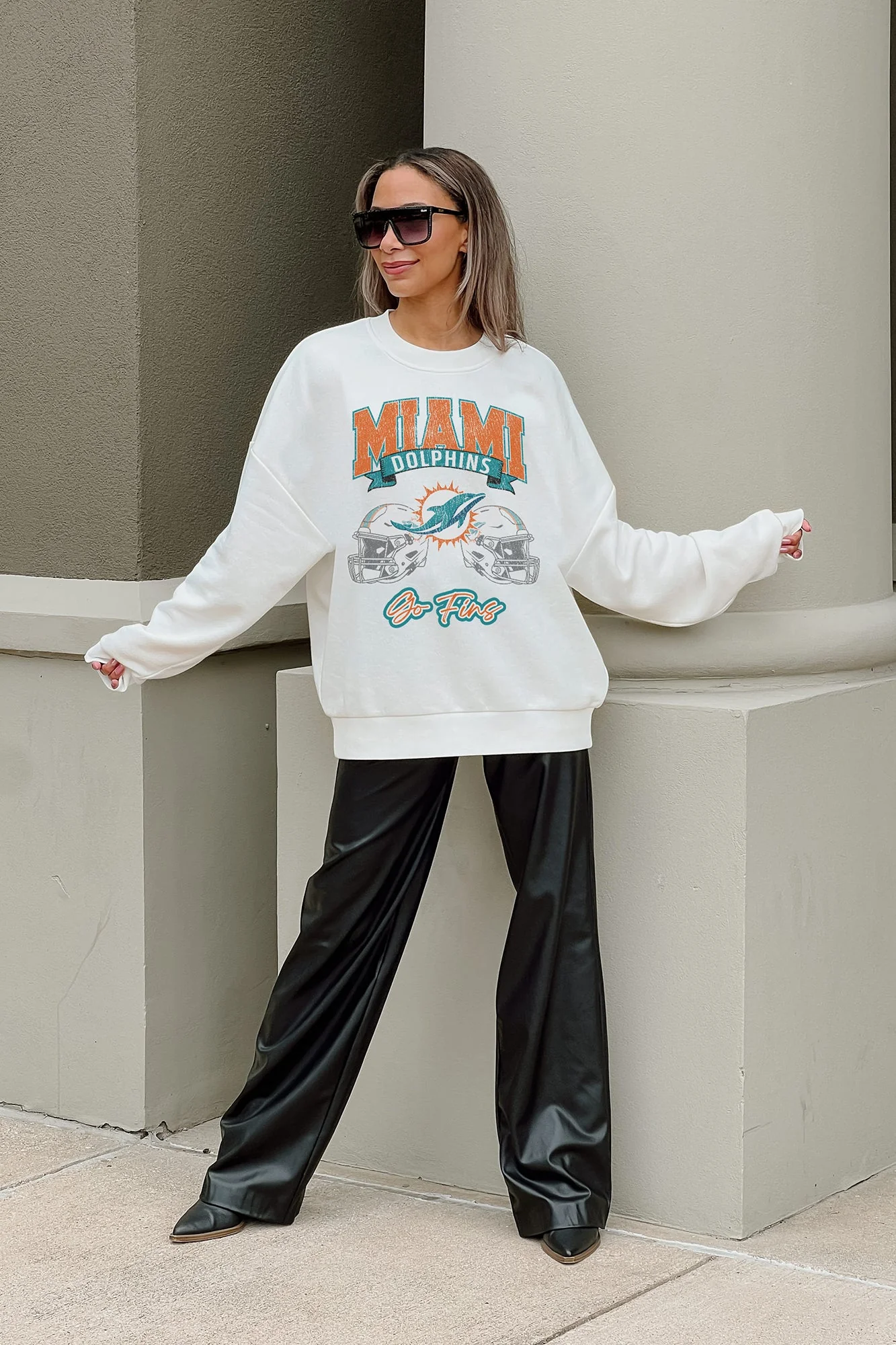 MIAMI DOLPHINS Passing Time Fleece Crewneck Pullover