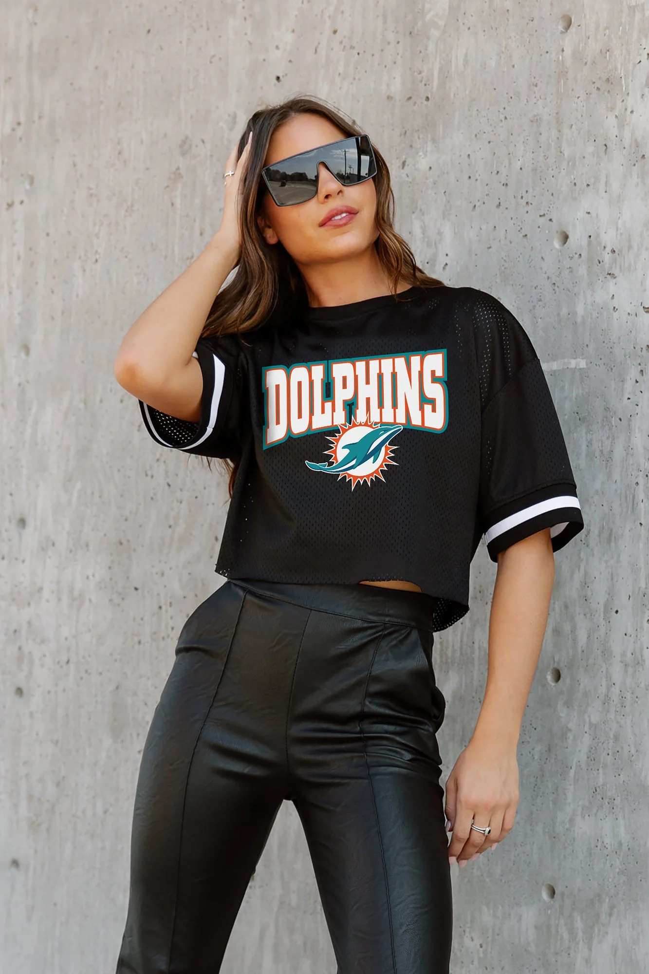 MIAMI DOLPHINS Automatic Down Lightweight Striped Sleeve Top