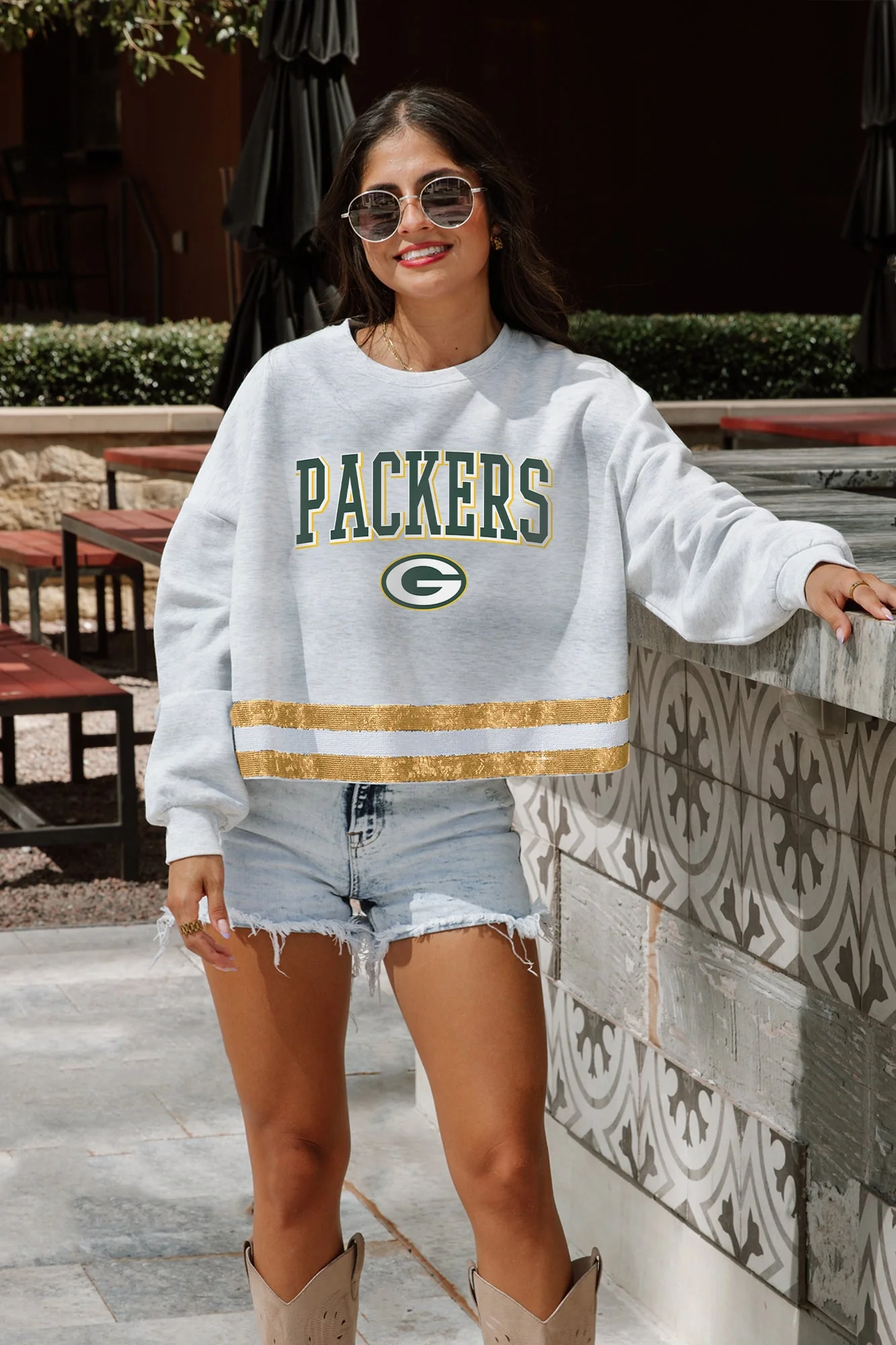 GREEN BAY PACKERS Pass The Shine Long-Sleeve Metallic-Stripe Top