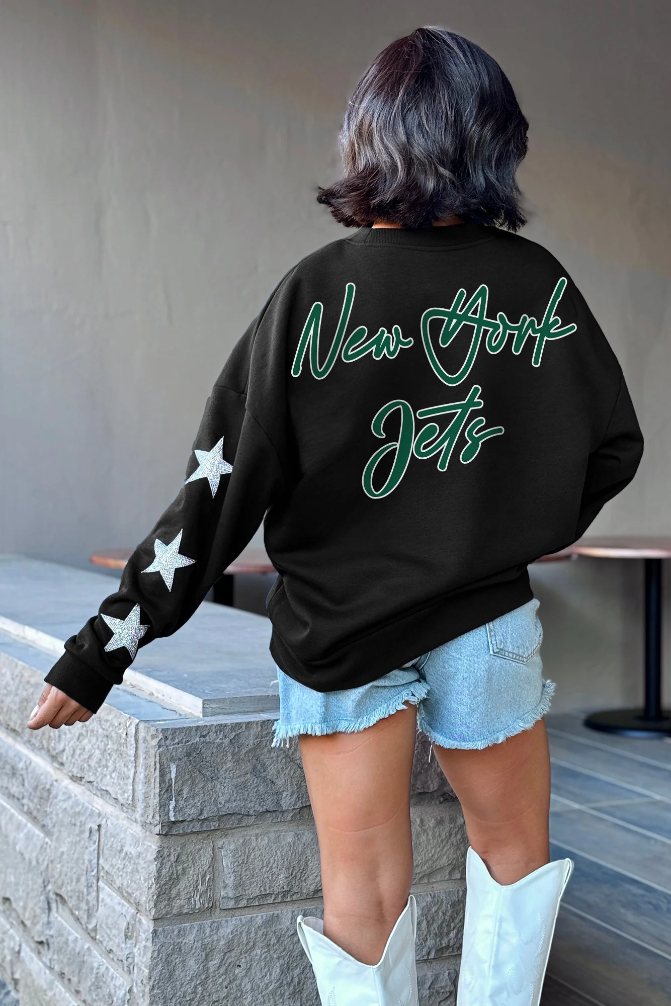 NEW YORK JETS Radiant Energy Star-Sleeve Crewneck Pullover