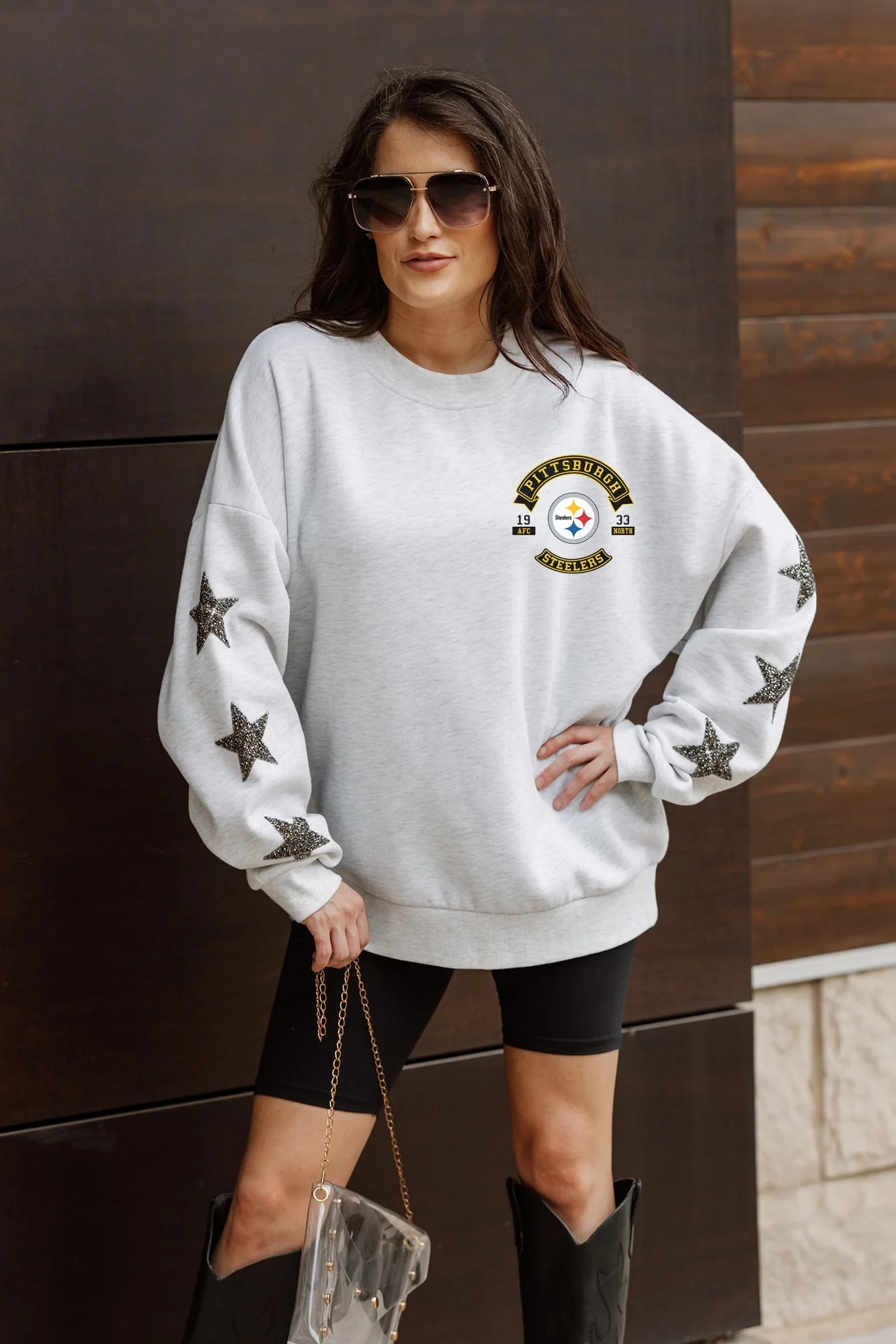 PITTSBURGH STEELERS Ready For It Star-Sleeve Crewneck Pullover
