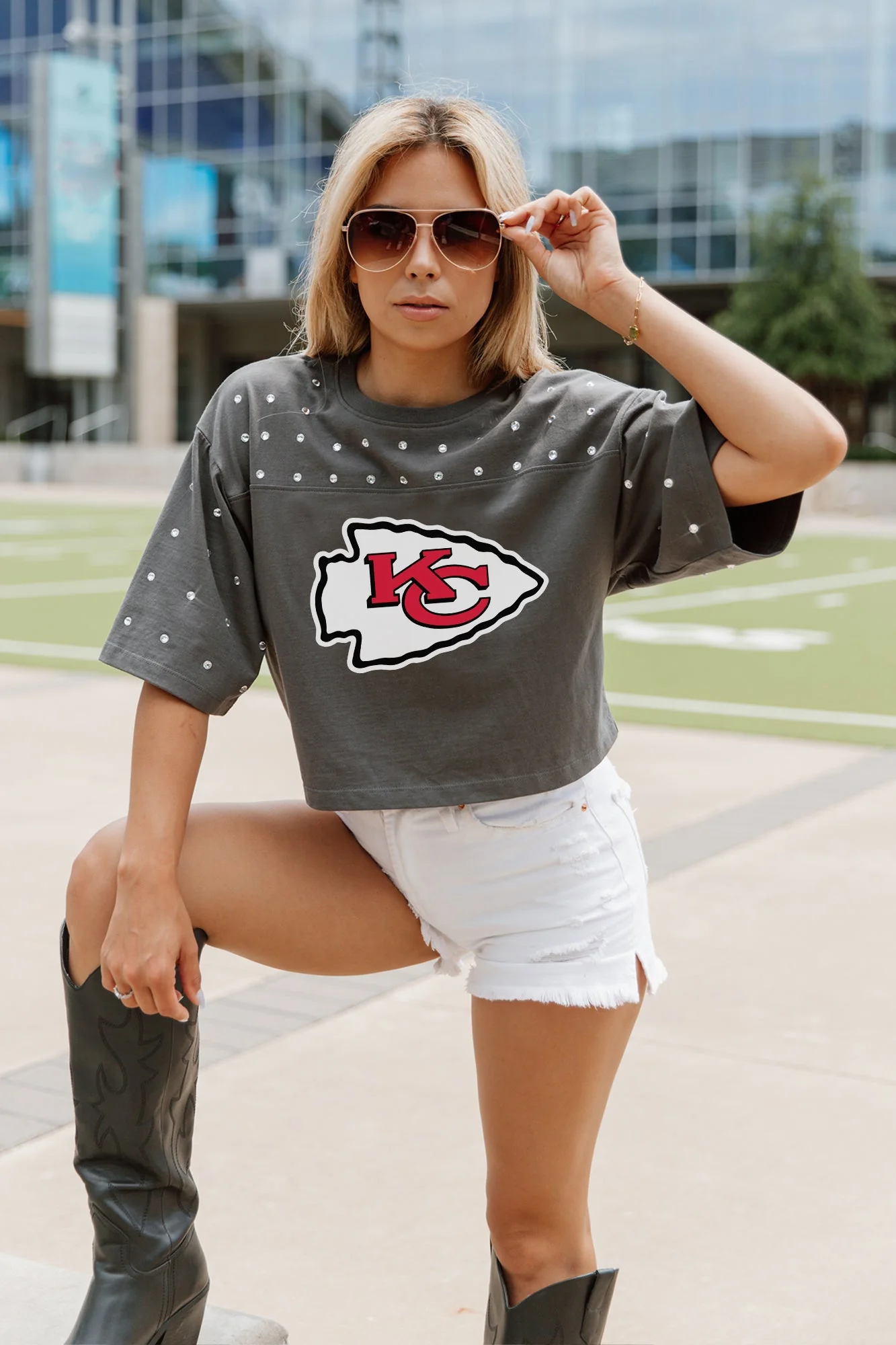 KANSAS CITY CHIEFS Making Moves Rhinestone Crop Tee With Yoke