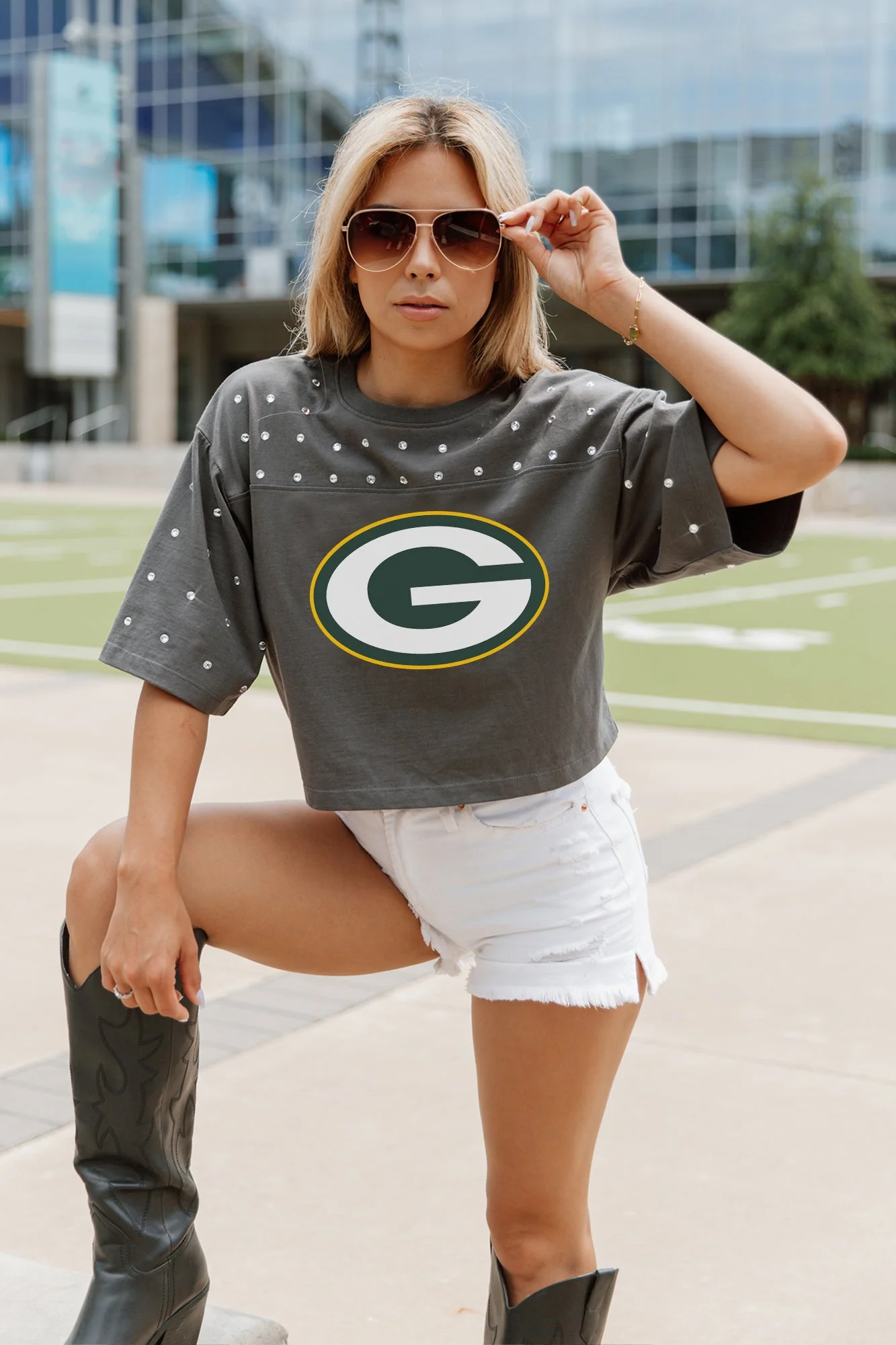 GREEN BAY PACKERS Making Moves Rhinestone Crop Tee With Yoke