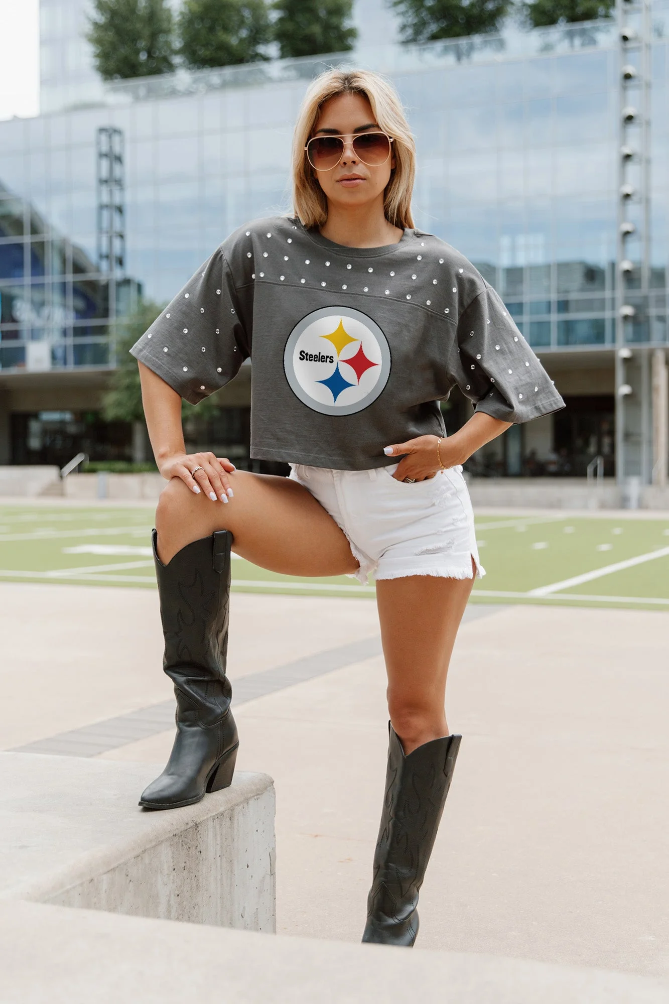 PITTSBURGH STEELERS Making Moves Rhinestone Crop Tee With Yoke