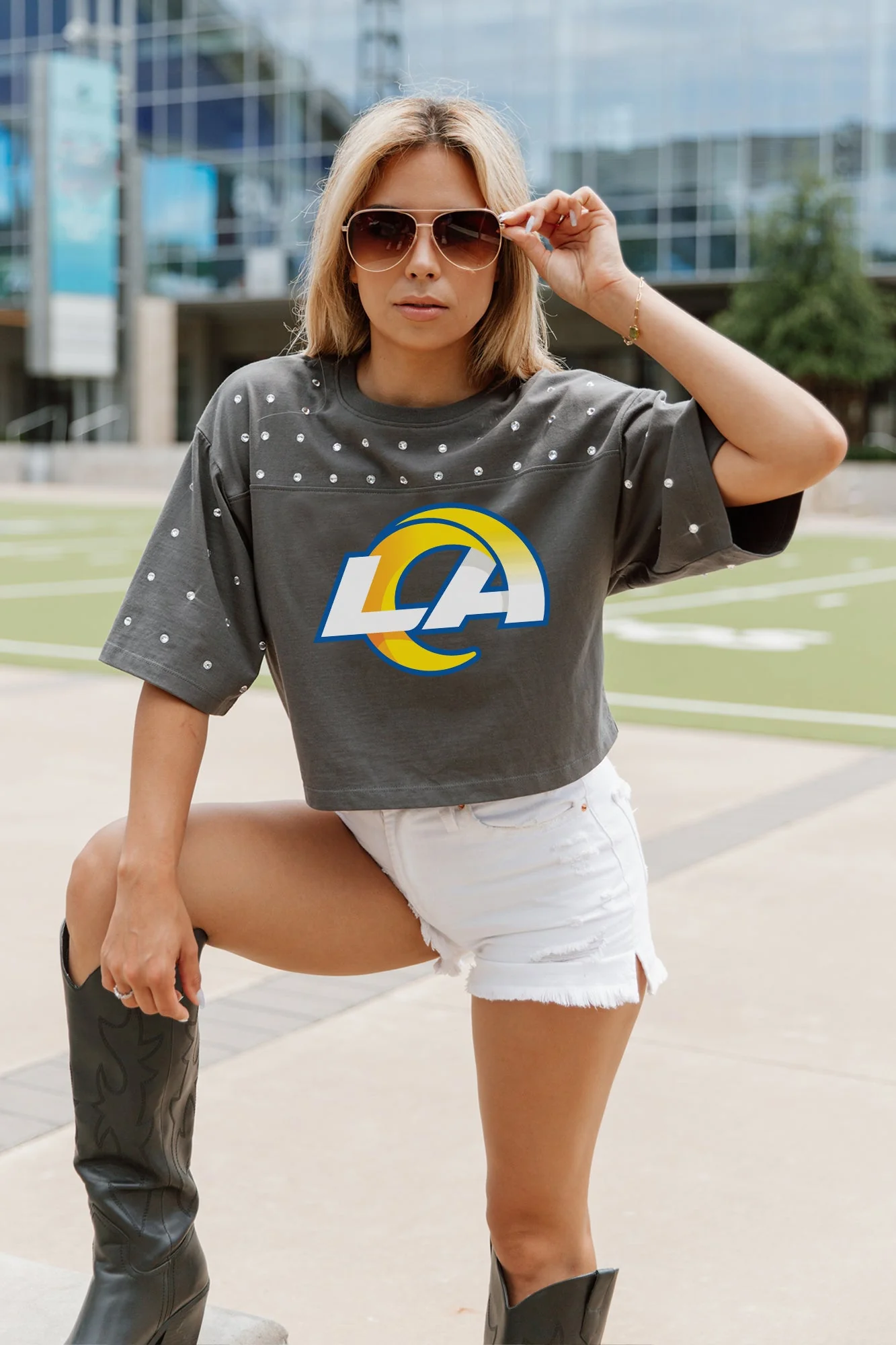 LOS ANGELES RAMS Making Moves Rhinestone Crop Tee With Yoke