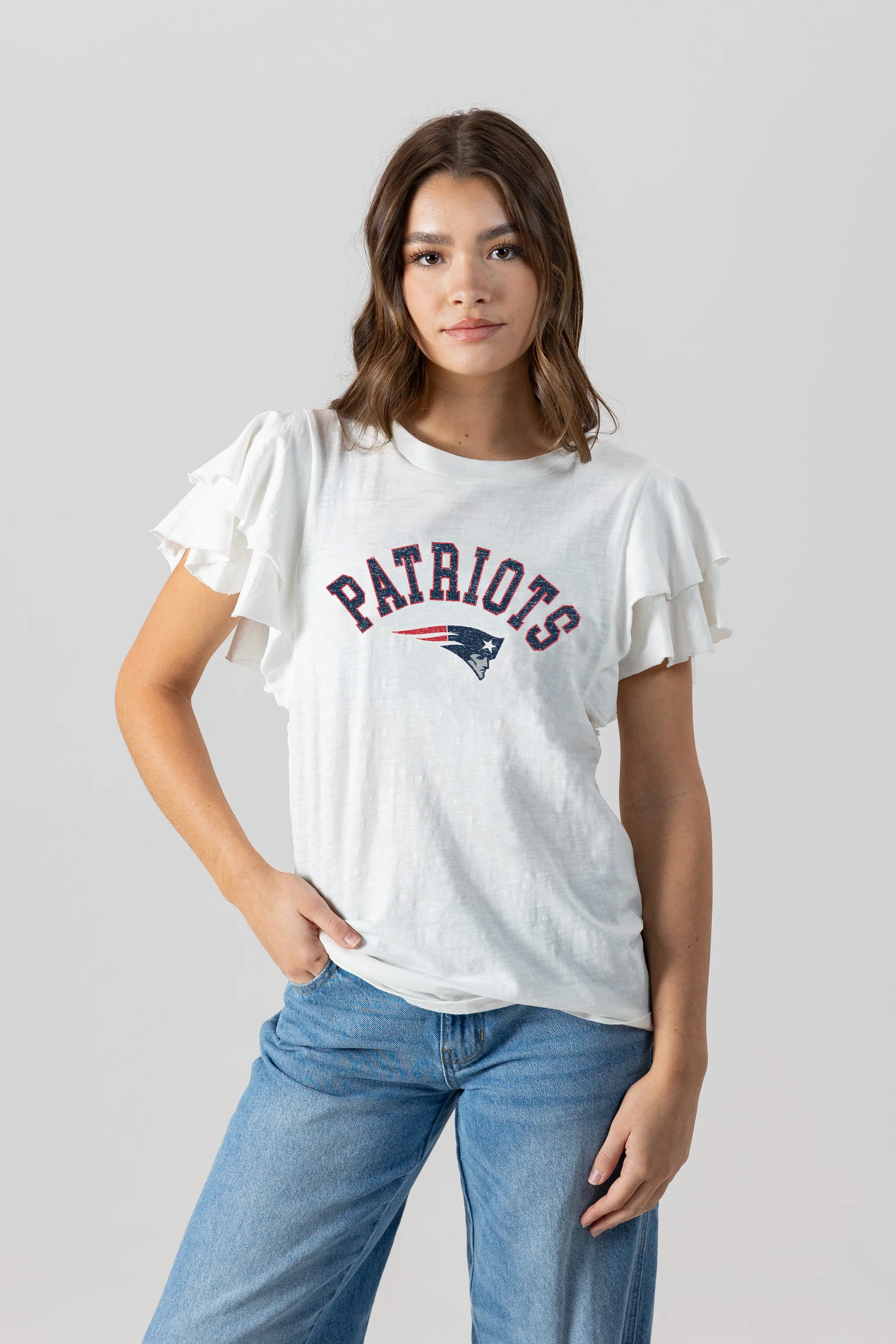NEW ENGLAND PATRIOTS Valkyrie Ruffle-Sleeve Knit Top