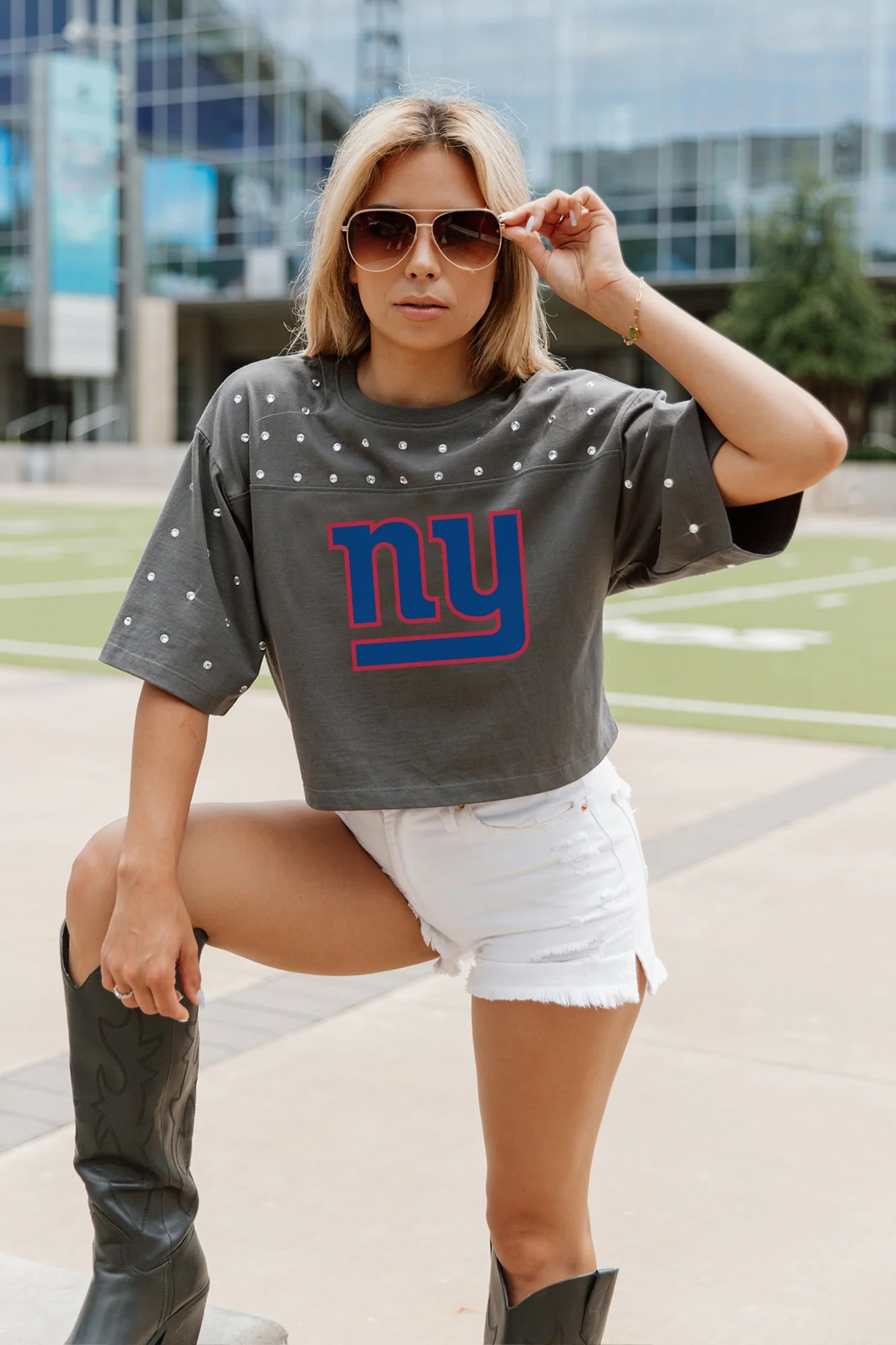 NEW YORK GIANTS Making Moves Rhinestone Crop Tee With Yoke