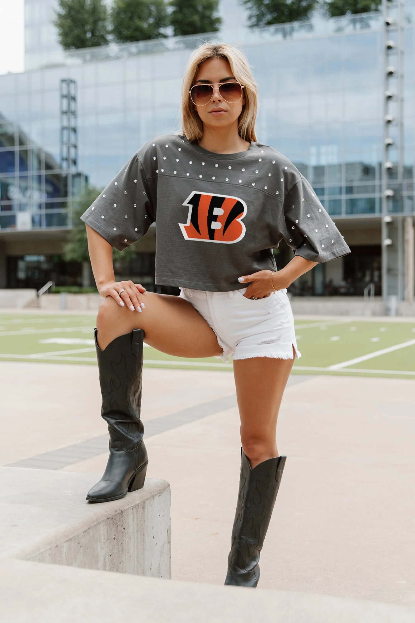 CINCINNATI BENGALS Making Moves Rhinestone Crop Tee With Yoke