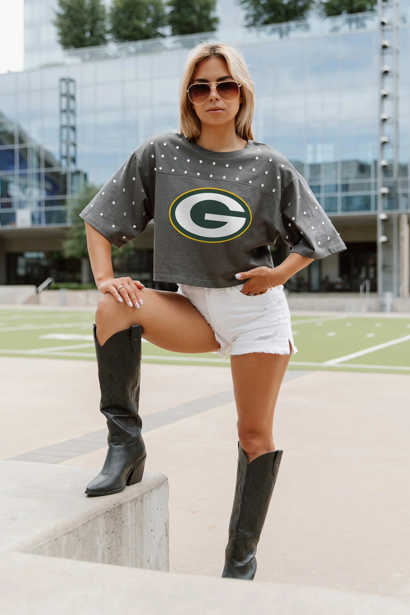 GREEN BAY PACKERS Making Moves Rhinestone Crop Tee With Yoke