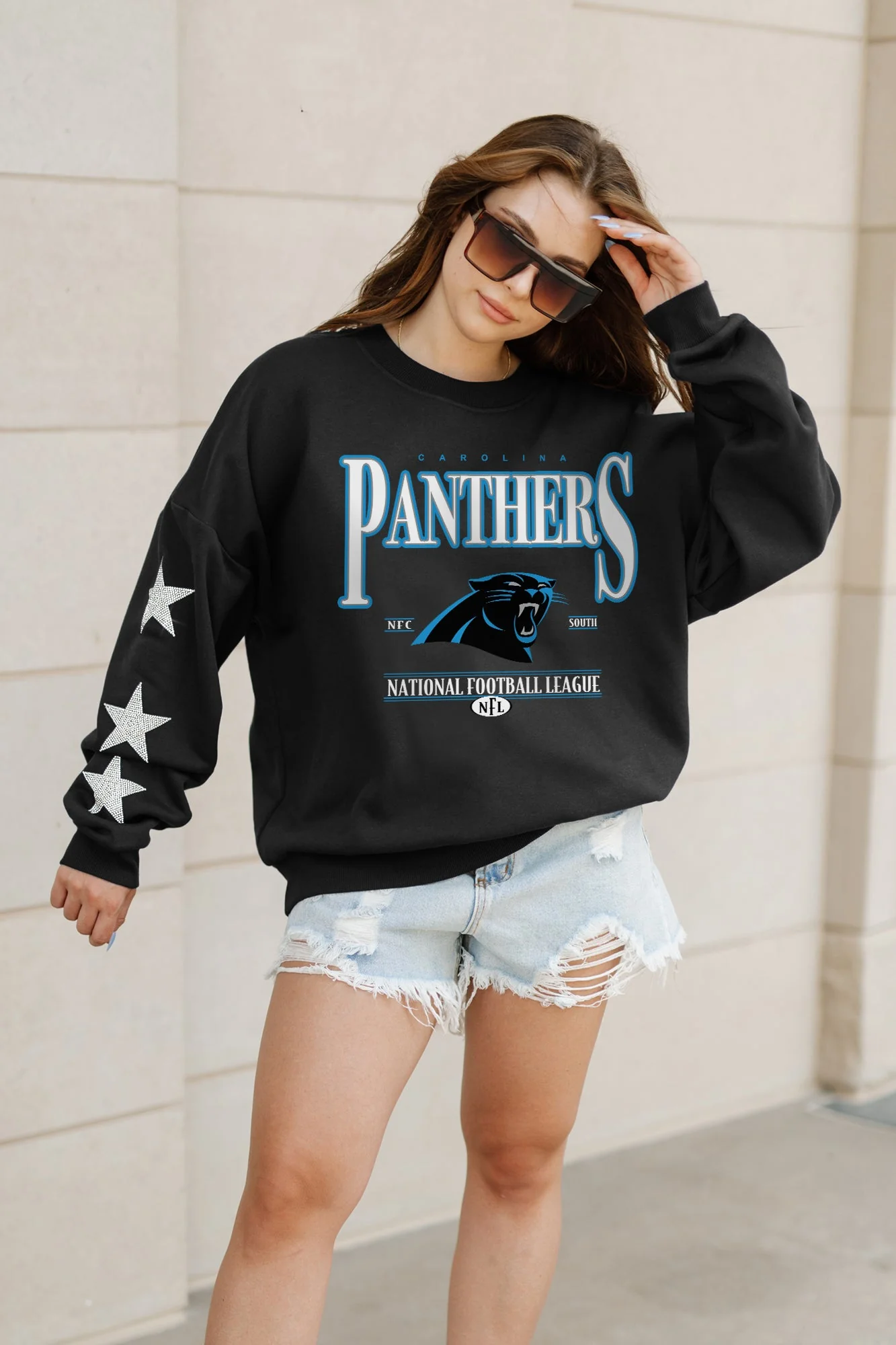 CAROLINA PANTHERS Gameday Glimmer Embellished Star-Sleeve Pullover