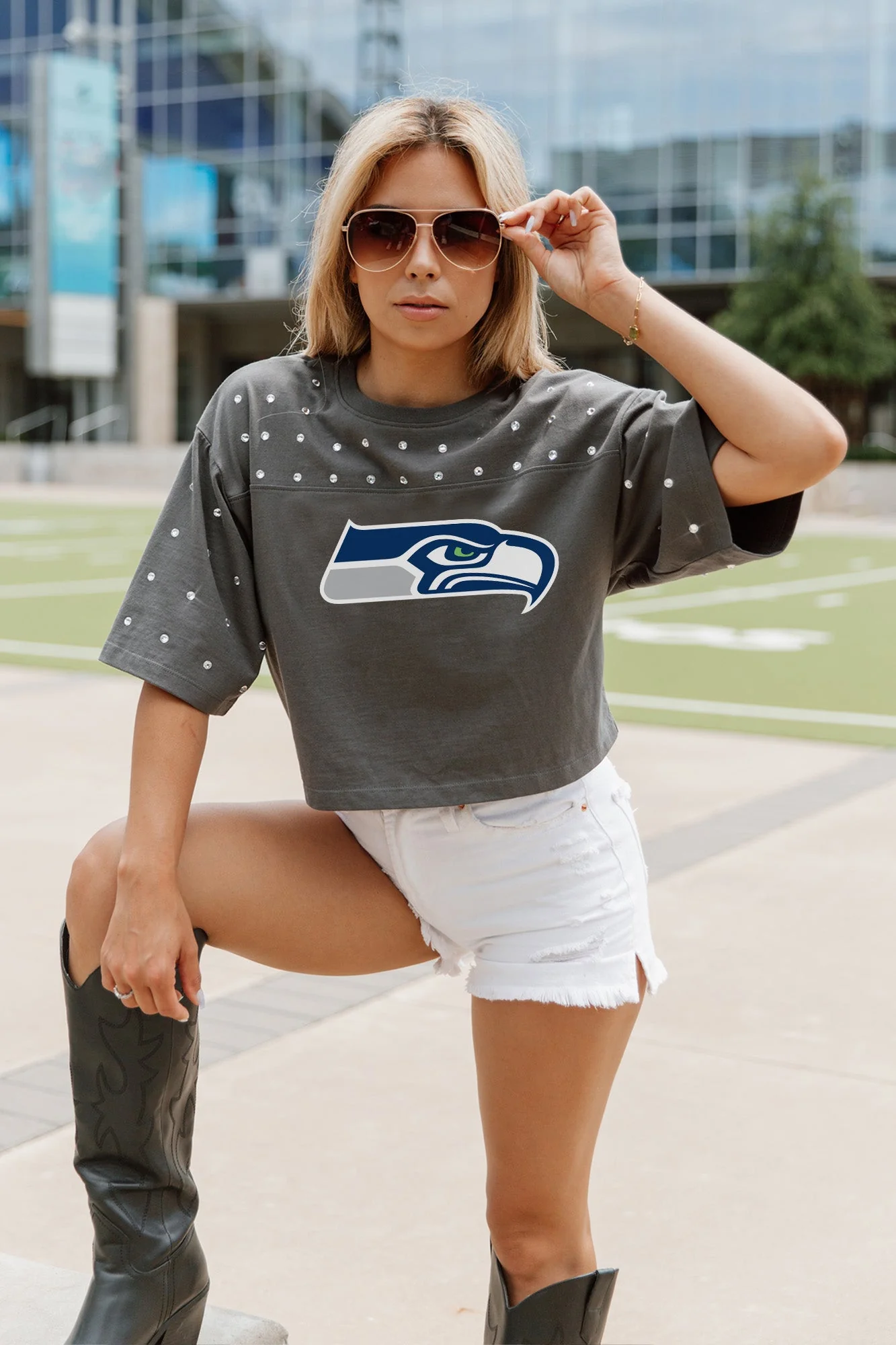 SEATTLE SEAHAWKS Making Moves Rhinestone Crop Tee With Yoke