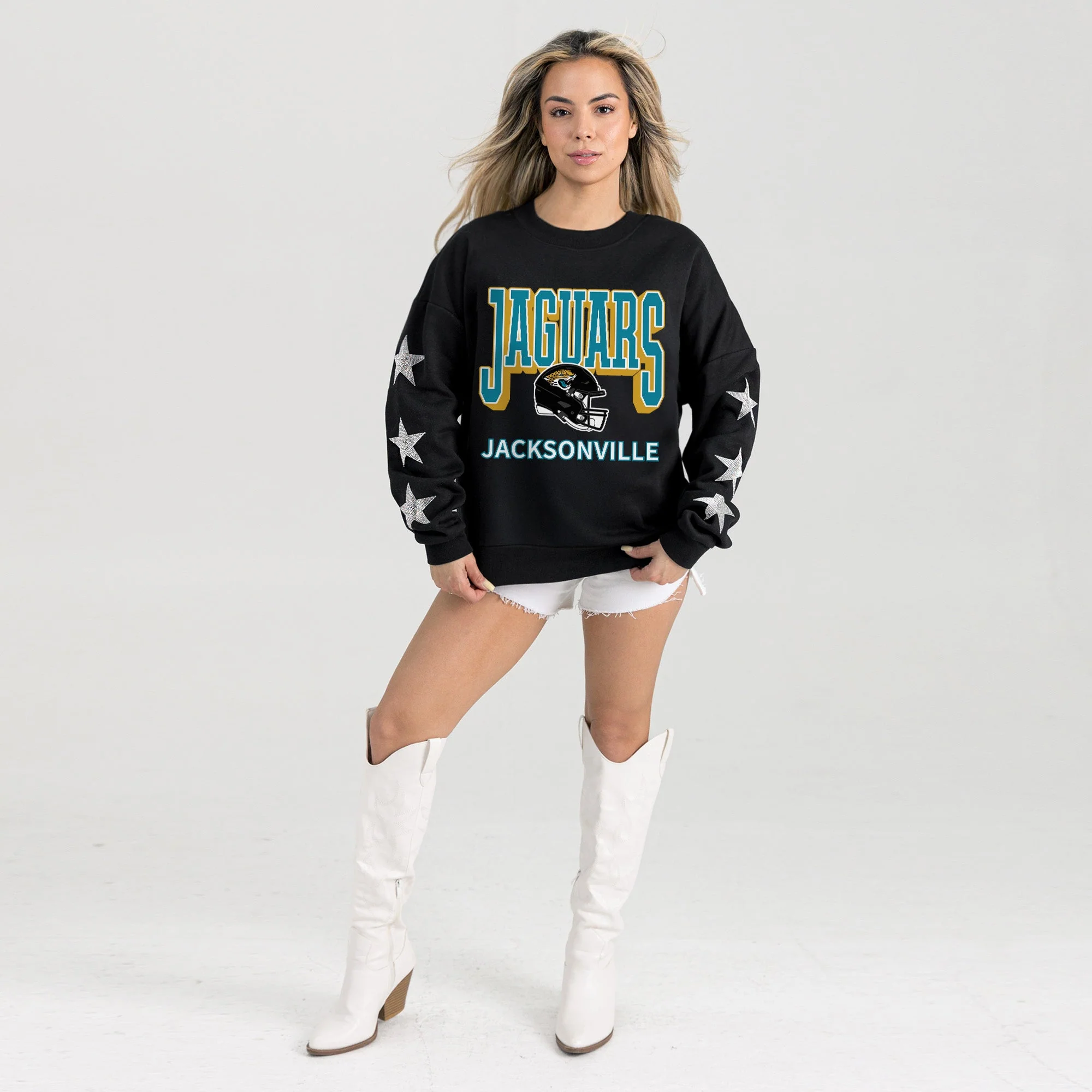 JACKSONVILLE JAGUARS PURE VICTORY STAR EMBELLISHED CREW SWEATSHIRT