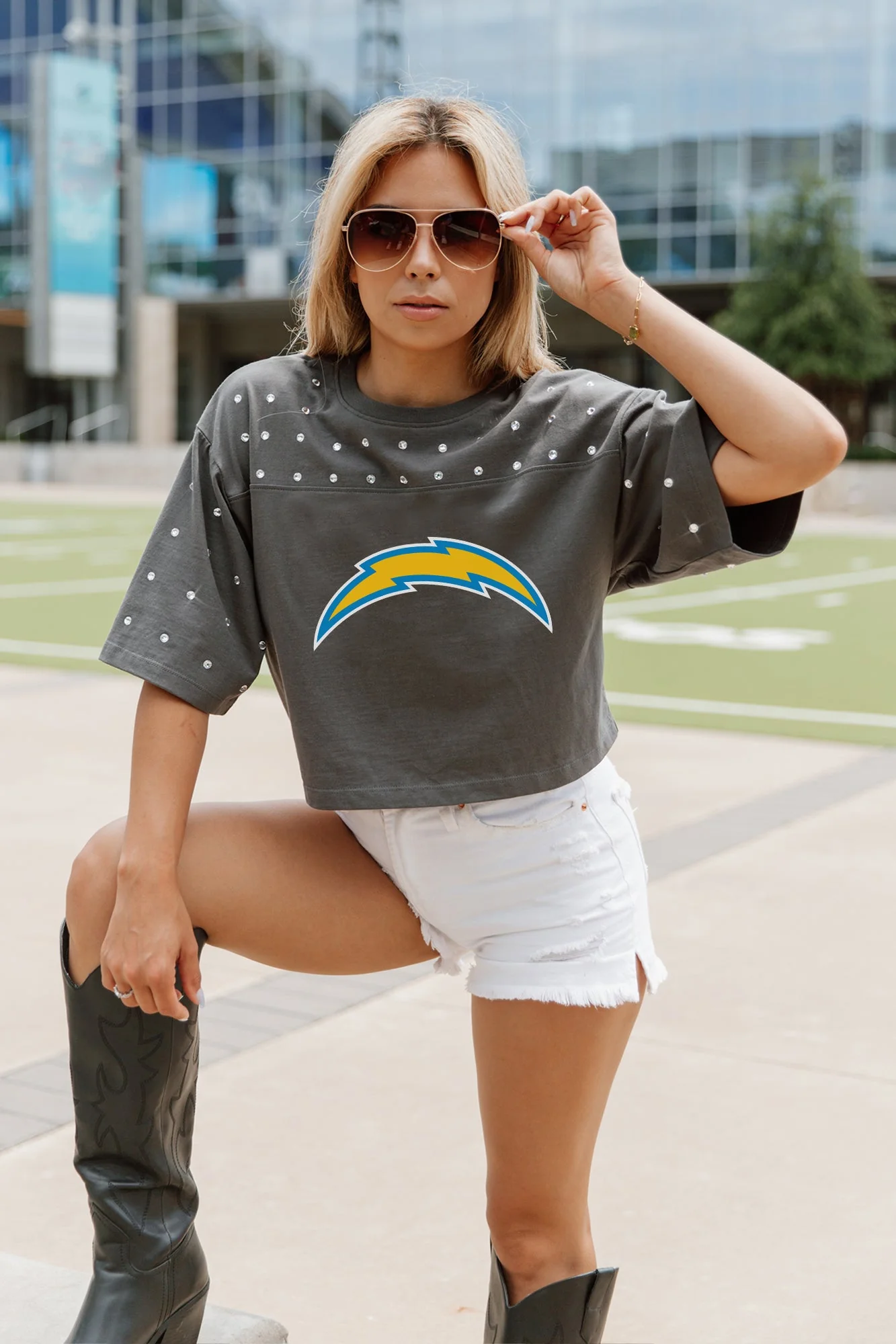 LOS ANGELES CHARGERS Making Moves Rhinestone Crop Tee With Yoke