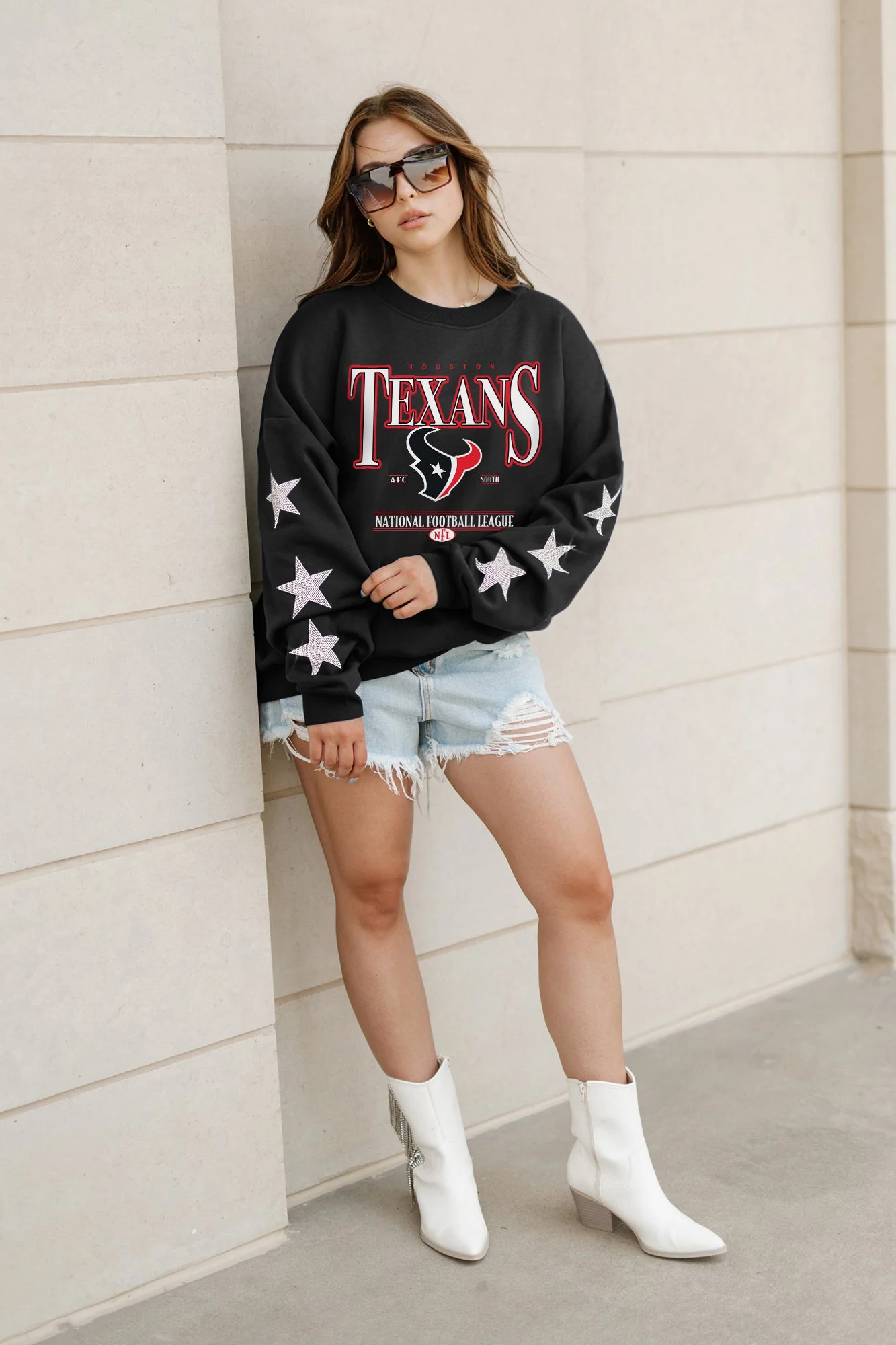 HOUSTON TEXANS Gameday Glimmer Embellished Star-Sleeve Pullover