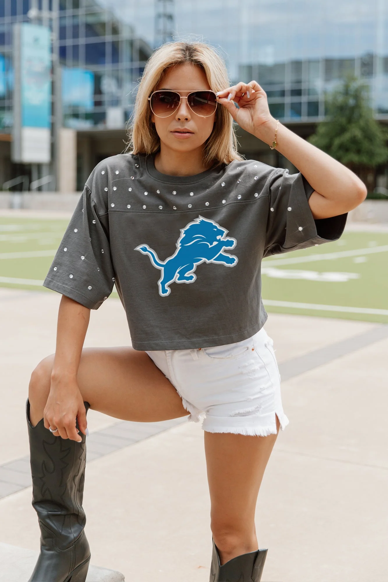 DETROIT LIONS Making Moves Rhinestone Crop Tee With Yoke