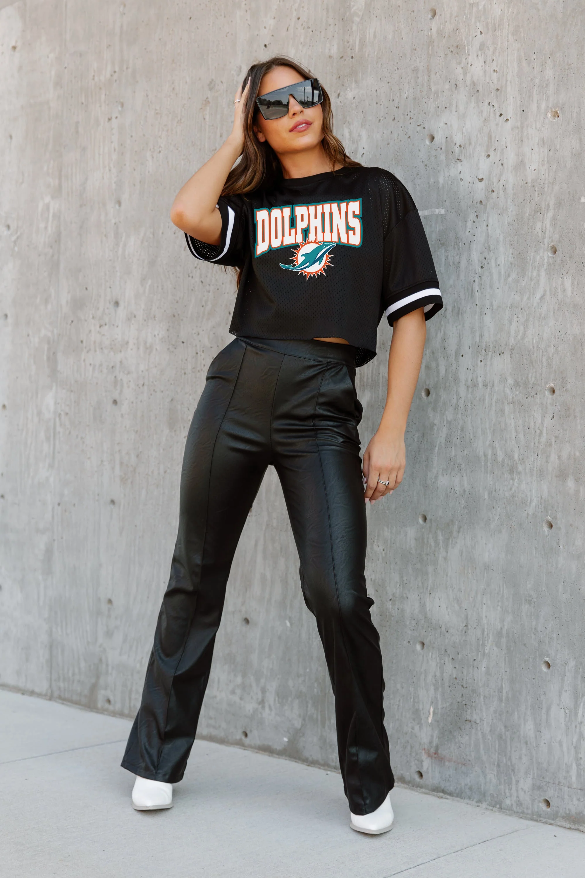 MIAMI DOLPHINS Automatic Down Lightweight Striped Sleeve Top