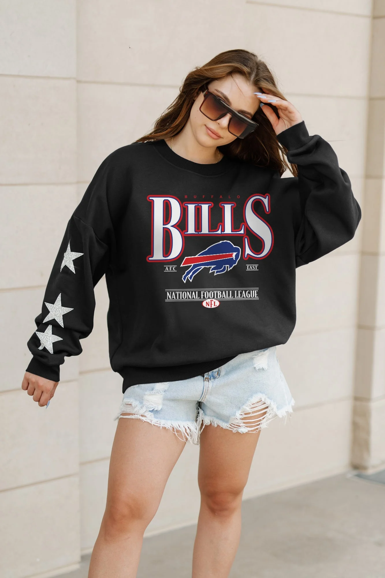 BUFFALO BILLS Gameday Glimmer Embellished Star-Sleeve Pullover