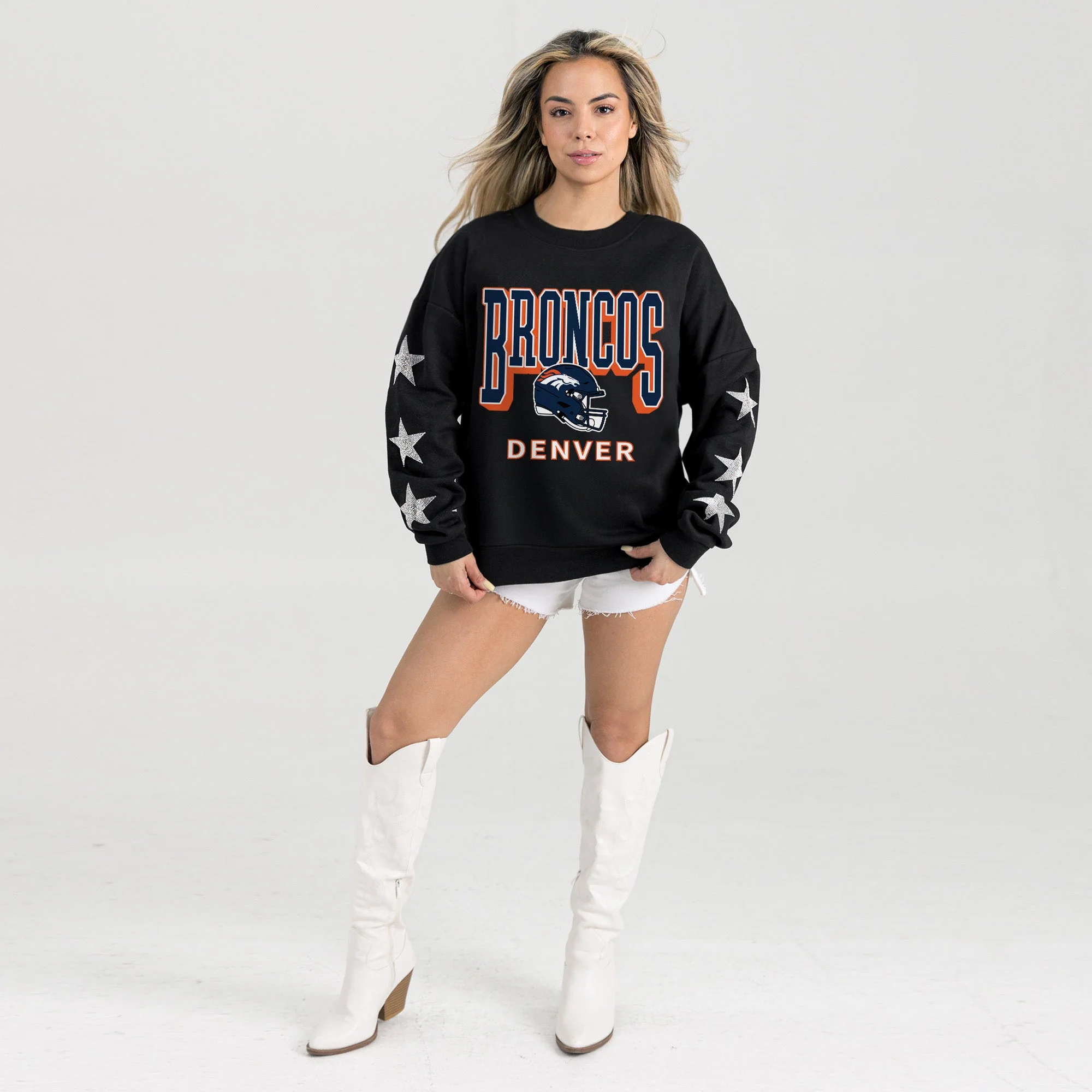 DENVER BRONCOS PURE VICTORY STAR EMBELLISHED CREW SWEATSHIRT