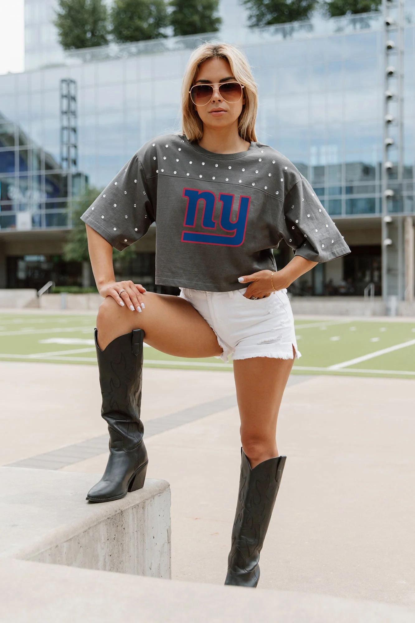 NEW YORK GIANTS Making Moves Rhinestone Crop Tee With Yoke