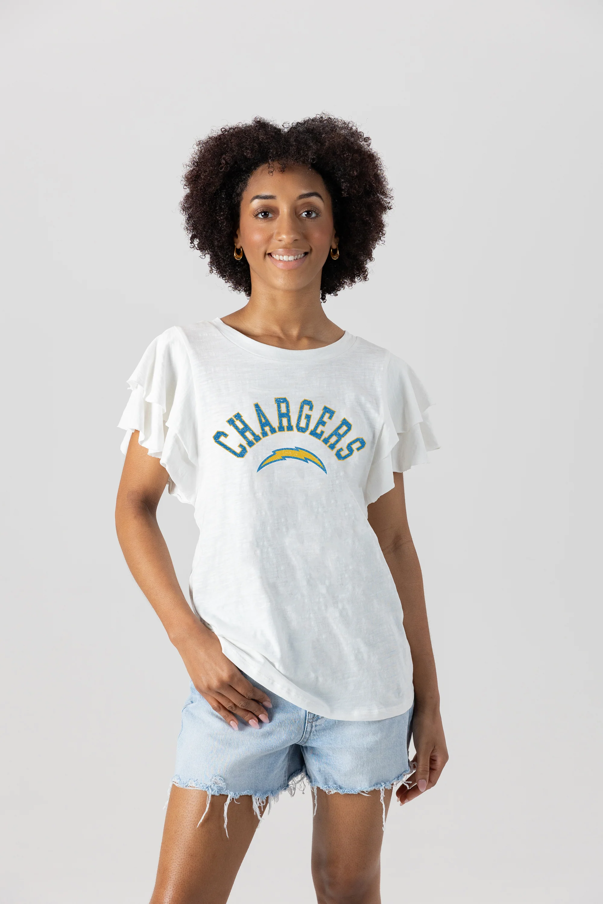 LOS ANGELES CHARGERS Valkyrie Ruffle-Sleeve Knit Top
