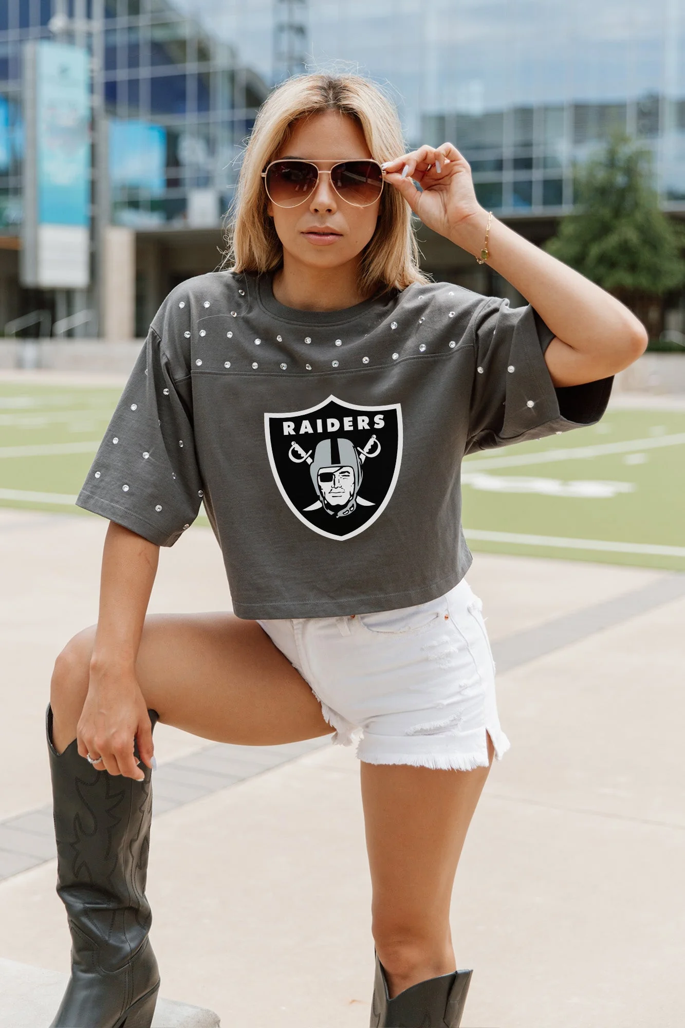 LAS VEGAS RAIDERS Making Moves Rhinestone Crop Tee With Yoke