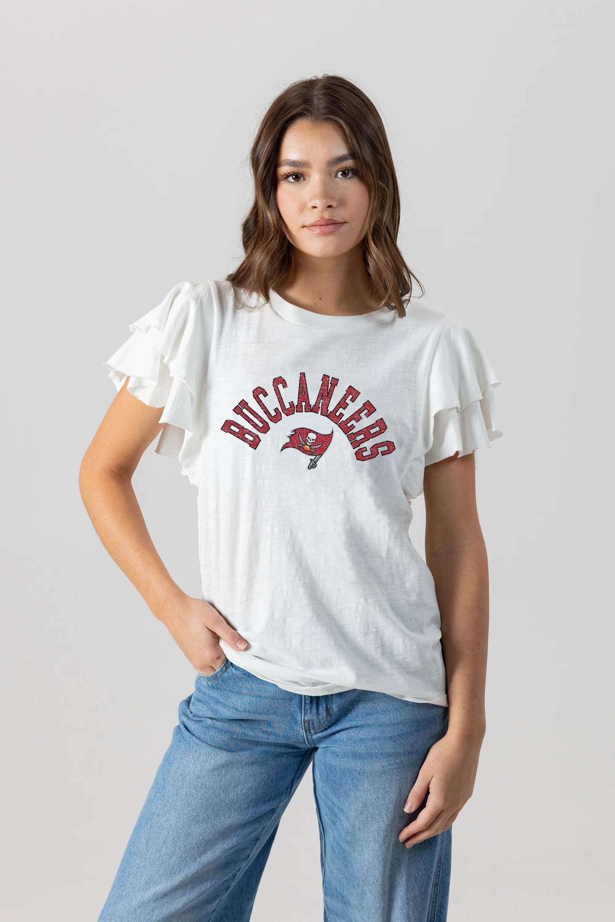 TAMPA BAY BUCCANEERS Valkyrie Ruffle-Sleeve Knit Top