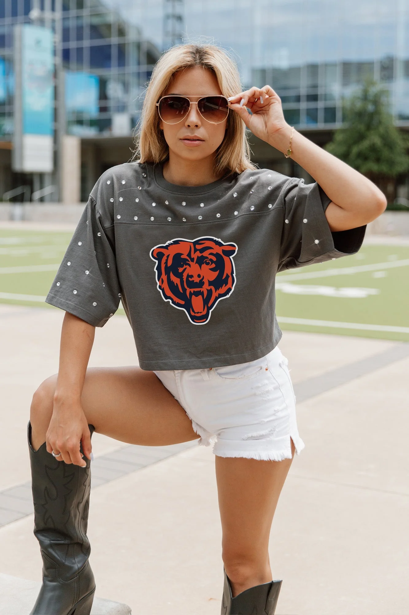 CHICAGO BEARS Making Moves Rhinestone Crop Tee With Yoke