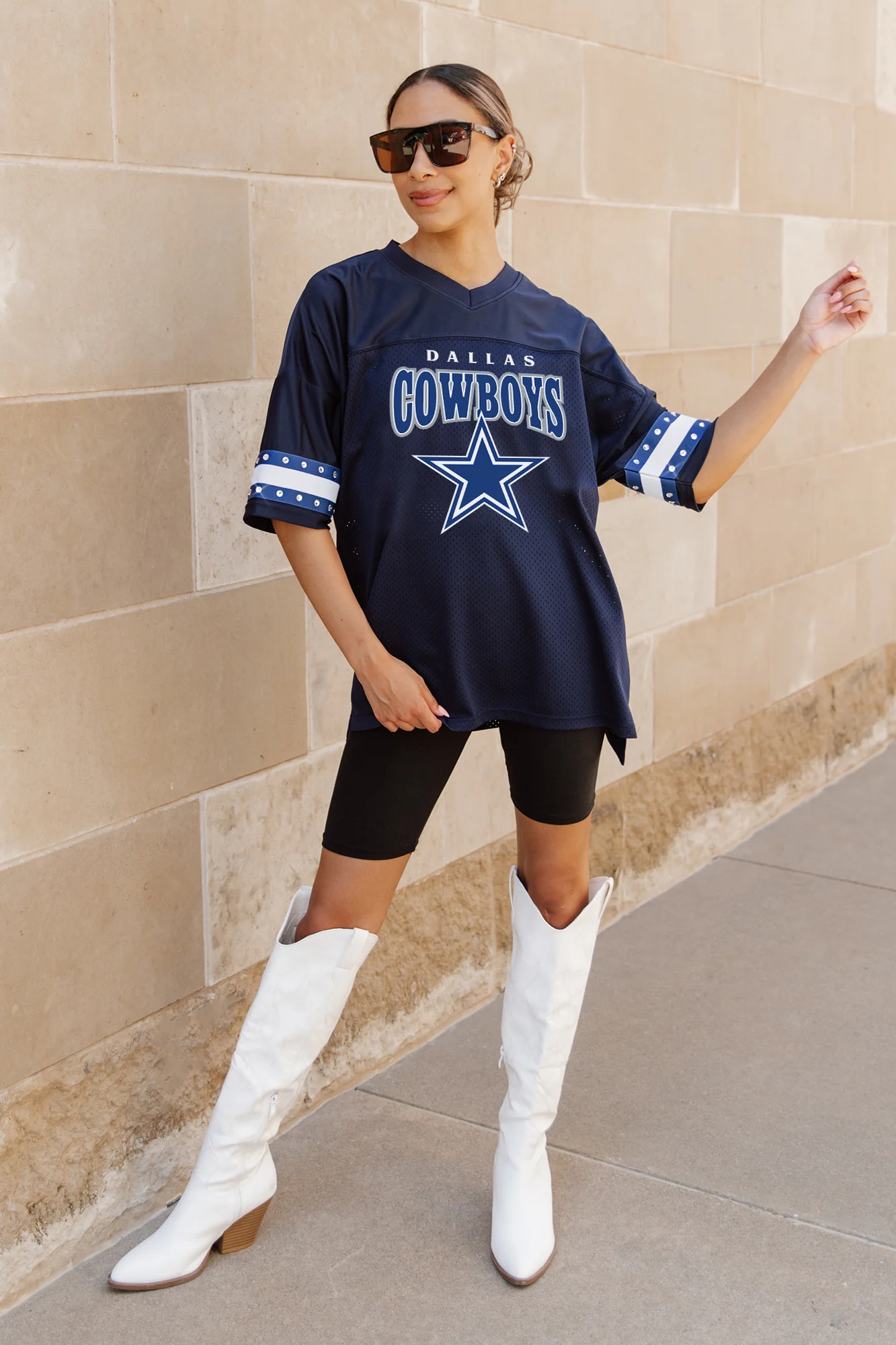 DALLAS COWBOYS Royalty Oversized Rhinestone-Striped Top