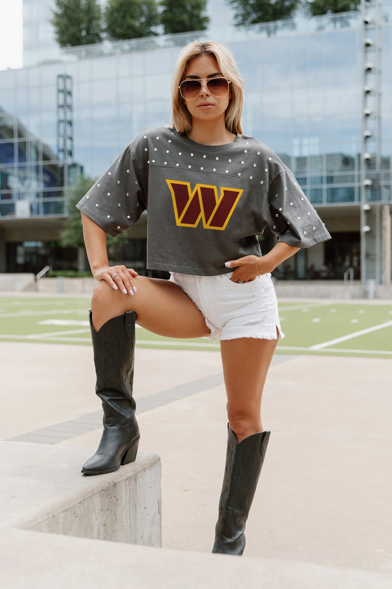WASHINGTON COMMANDERS Making Moves Rhinestone Crop Tee With Yoke